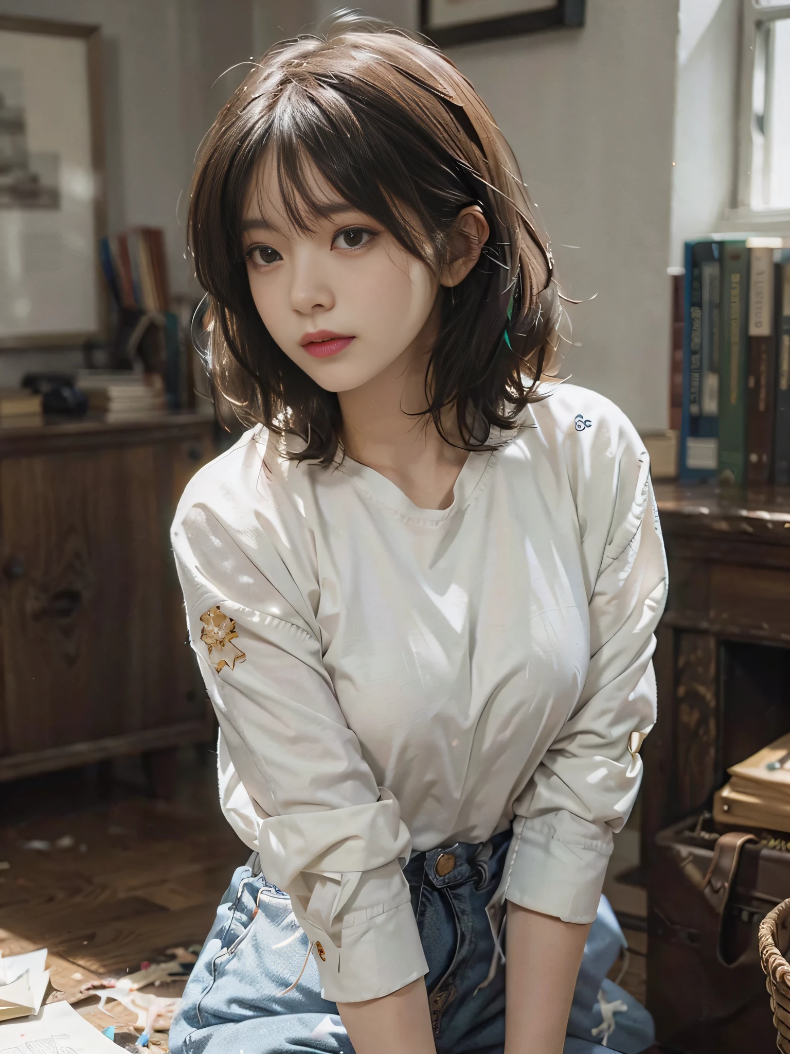 (RAW photo, highest quality), (realistic, photorealistic: 1.3), highest quality, high definition, masterpiece, super detail, illustration, 1girl, whole_body, dynamic angle, world masterpiece theater, messy_long_hair, top quality, highly detailed CG Unity 8k wallpaper, ink, amazing, cinematic lighting, lens_flare, dunhuang_ style, (((short hair)), nice hairstyle, very short, bountiful breasts