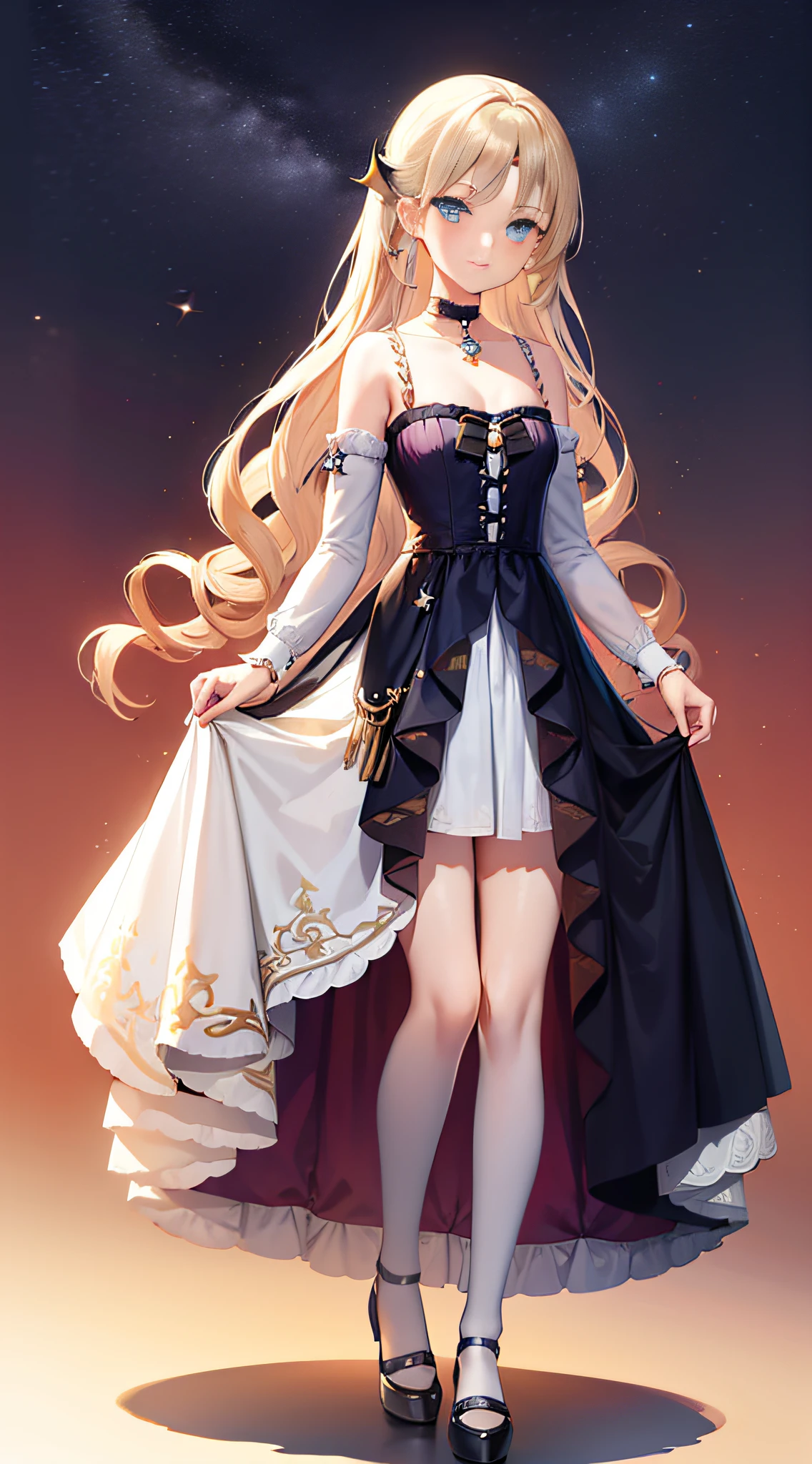 1 girl,Blue eyes, Blonde hair, twin drills, bangs pinned back, hair adornments, crescent hair ornament, forehead jewel, aqua eyes, star hair ornament, Seductive smile,choker necklace,tall nose bridge,Western European appearance,Light red short sleeve long skirt,Pale yellow shoes,Full body like