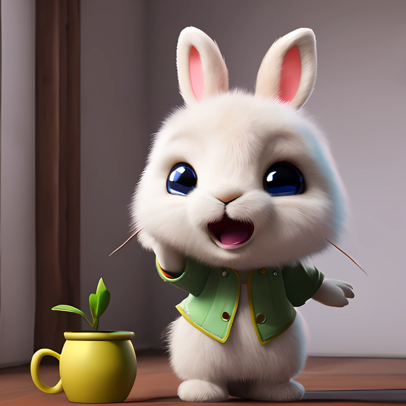 Cute adorable little bunny waving and smiling greeting me, unreal engine, cozy interior lighting, art station, detailed digital painting, cinematic, character design by mark ryden and pixar and hayao miyazaki, unreal 5, daz, hyper realistic, octane render, 3DMDT1