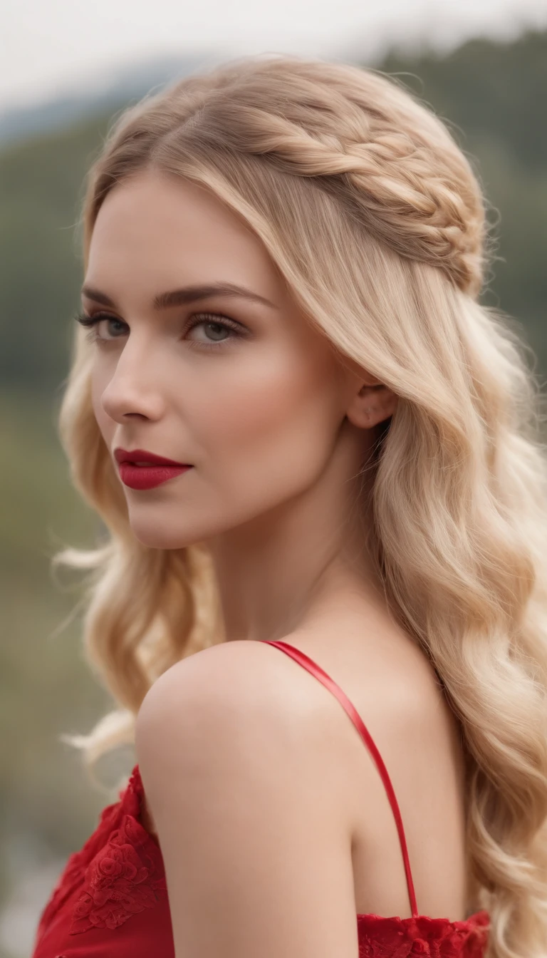 (4k), (La mejor calidad), (Mejores detalles), (ultra realista), rubia, ojos zules, del sur de italia, cabello rubio, con vestido rojo