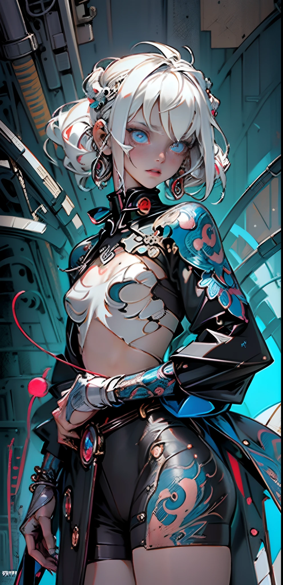 (masterpiece, top quality, best quality, official art, beautiful and aesthetic:1.2), (1girl:1.3), extreme detailed, colorful, highest detailed ((ultra-detailed)), (highly detailed CG illustration), ((an extremely delicate and beautiful)), cinematic light, ((1mechanical girl)),solo, face shot, portofolio shot (machine joints:1.2), (blood vessels connected to tubes), (wires and cables attaching to neck:1.2), (character focus), machines are attached to joints, white hair, white skin, looking at viewer, copper button, bronze, (black tights, ) perfect anatomy, blue eyes, ((5 fingers, dynamic pose)) mechanical flower, kimono girl, cyberpunk, plants leaves, tentacle