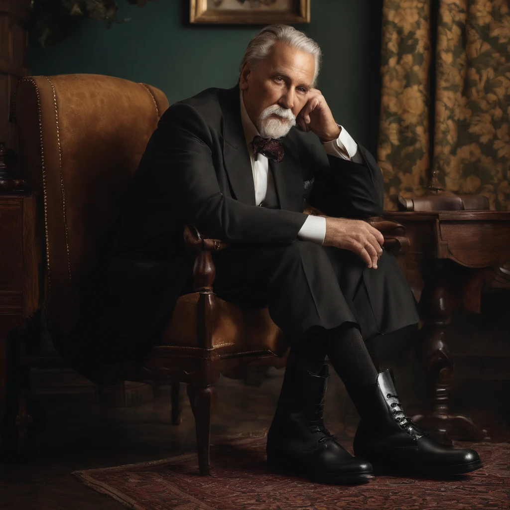 Old gentleman with a goatee,sit on chair,Eyes look at boots,Black high-gloss rain boots, 8K分辨率,Wallpaper masterpiece,Best quality,digitial painting,Highly meticulous,Ultra high quality