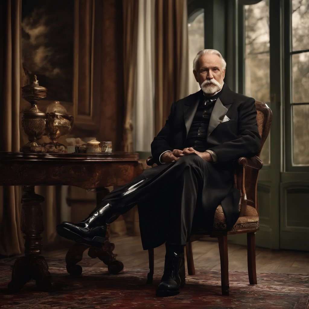 Old gentleman with a goatee,sit on chair,Eyes look at boots,Black high-gloss rain boots, 8K分辨率,Wallpaper masterpiece,Best quality,digitial painting,Highly meticulous,Ultra high quality