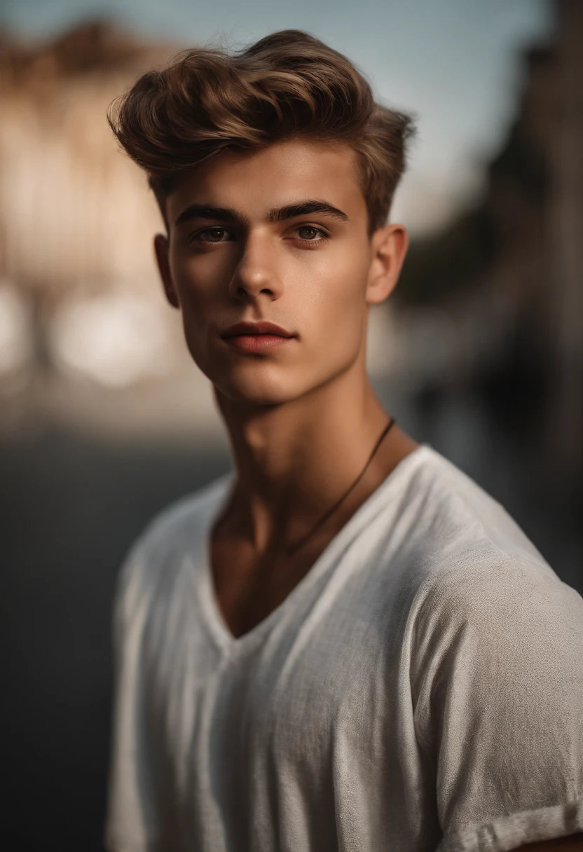 Homem branco jovem, 18 anos, com cabelos muito curtos e loiro muito claro dourado de etnia europeia. Ele deve estar de costas para foto, jardim. Enfatizar as costas, ele deve estar sem blusa.