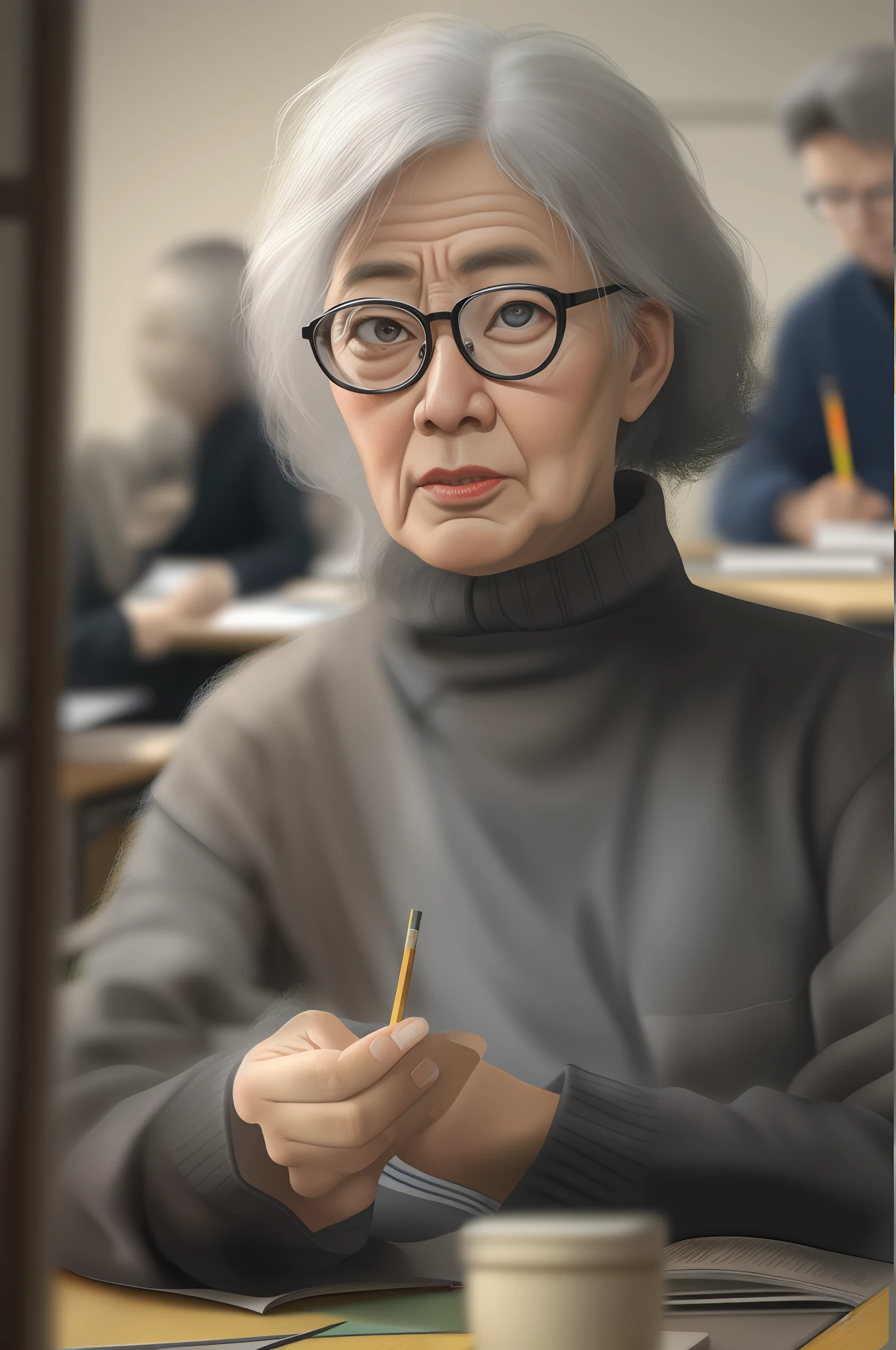 In the classroom，The teacher is lecturing the students，Gray-haired old teacher，Asian people，wears glasses，closeup cleavage，sharp focus on eyes，8K，super-fine，oil painted，Hyper-realistic，best qualtiy