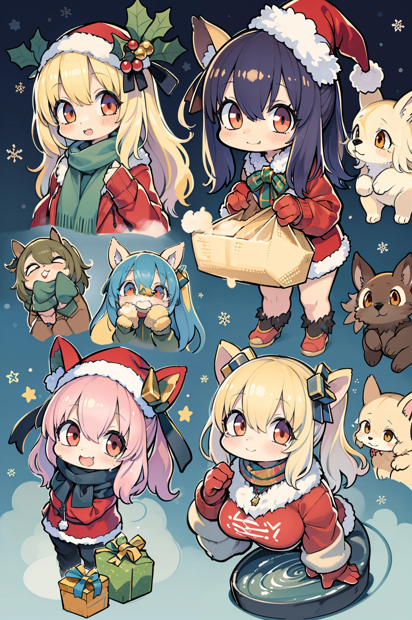 grey long hair,maplestory Late Riser Hair,gray raccoon ears,In front of the Christmas tree on a snowy day,closed gray coat,Beige school uniform skirt,green big eyes smiling girl,