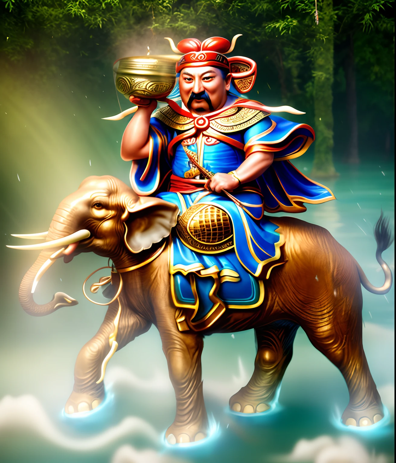 digital photo of A legendary Chinese mythological figure (four eyes without wearing glasses), holding a basin of seawater in the right hand, a long spear in the left hand, and riding atop an elephant,octane render, intricately detailed, cinematic, trending on artstation, Isometric, highly detailed, vibrant, hyper realistic