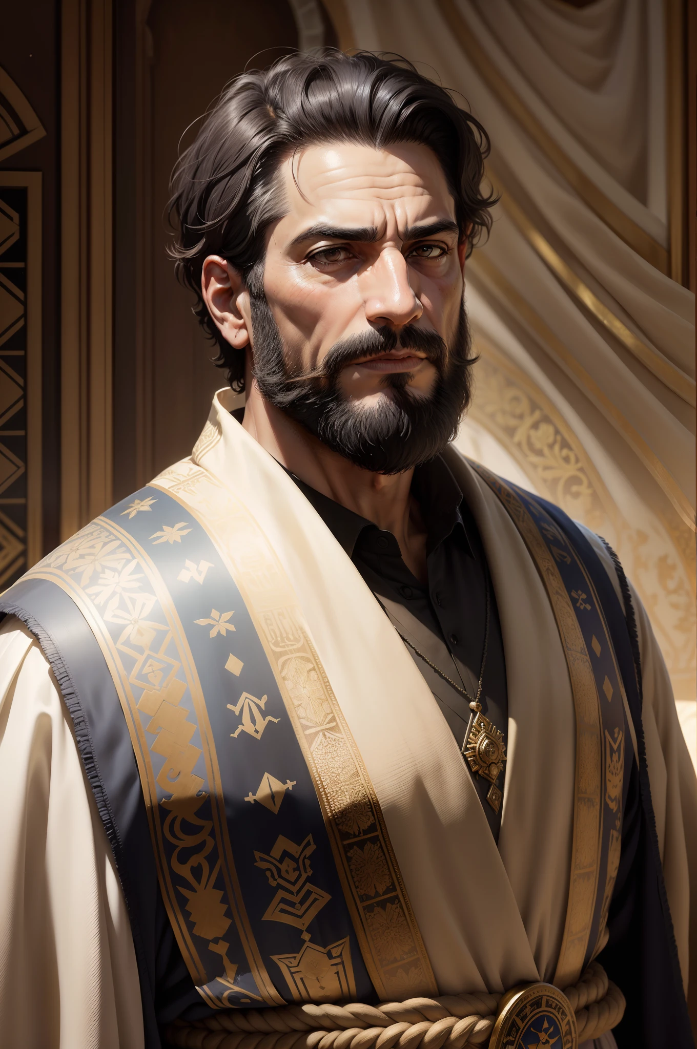 Imagine a 50-year-old Persian, (((short hair and no beard))), dressed in authentic Persian king clothes from the 486th century BC, the image characterized by realism, highlighting his austerity, the intricate patterns on his robe of the time ((( without crown))) with his entire head showing, his gaze determined, realistic photo to capture the essence of the character, --ar 1:1 --v 5