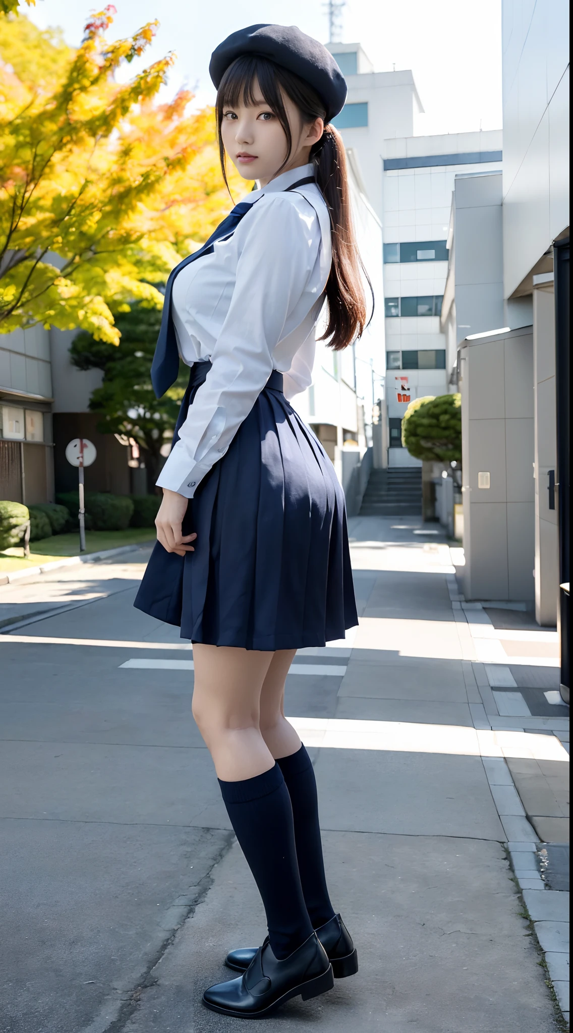 mix4, (16 K, Raw photography, Top image quality, masterpiece: 1.45), (realisitic, Photorealsitic: 1.37), one girls, 7.5, etc,cute little, A city scape,, profetional lighting, photon maping, Cityscape with street trees, physically-based renderingt, Gradient dark brown hair,, a handsome, Well-groomed and beautiful eyes、二重まぶた、girl with, (((student clothes、Long sleeve shirt worn by Japan high school girl、Navy blue vest、Ribbon-shaped tie、Dark blue over-the-knee skirt, Navy Blue Beret、Dark blue knee-high socks、Black loafers))), Top Quality Photos, hight resolution, 1080p, (clearface), (Detailed face description), (Detailed hand description), (masterpiece), (Exquisite CG)、extreme light and shadows、dishevled hair、master work、abundant detail、(Fine facial features)、(top quality photo)、(masuter piece)、(A detailed eye)、Look in front of you、Fine clavicle、((Slender big))、(((Japan schoolgirl wears a long-sleeved shirt)))、((Sexy Idol System))、((Gingko tree))、(Shooting from random perspectives)、(((Anyway cute)))、耳Nipple Ring、A big smile、Drawing the whole body from the knees、Do not draw nasolabial folds、(((Shoulder bags used by Japan schoolgirls)))、(Big breasts that hang down big:1.2)、Big buttocks with tension、Two arms and two legs、(((from the front side:1.8)))、bare hand、