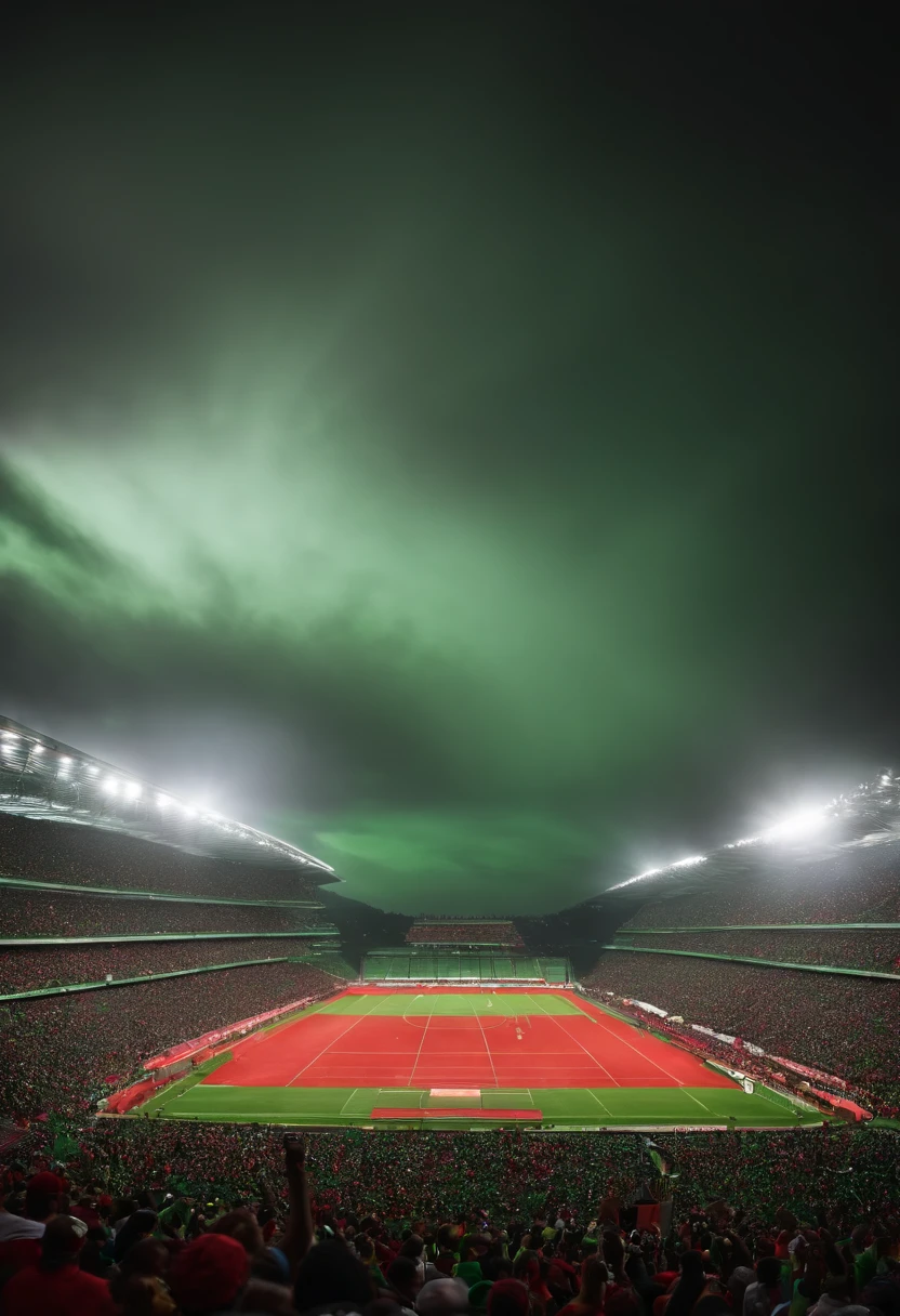 There is a football field with a large crowd of people watching, The colors of the crowd are red, preto e verde, uma foto realista, libre figuration, the stadium has a full crowd, clip stadio, inflatable balloons in red colors, preto e verde em segundo plano, arquibancadas lotadas, Atmosphere, joy and celebration, the crowd is cheering, stadium full of people, crowd