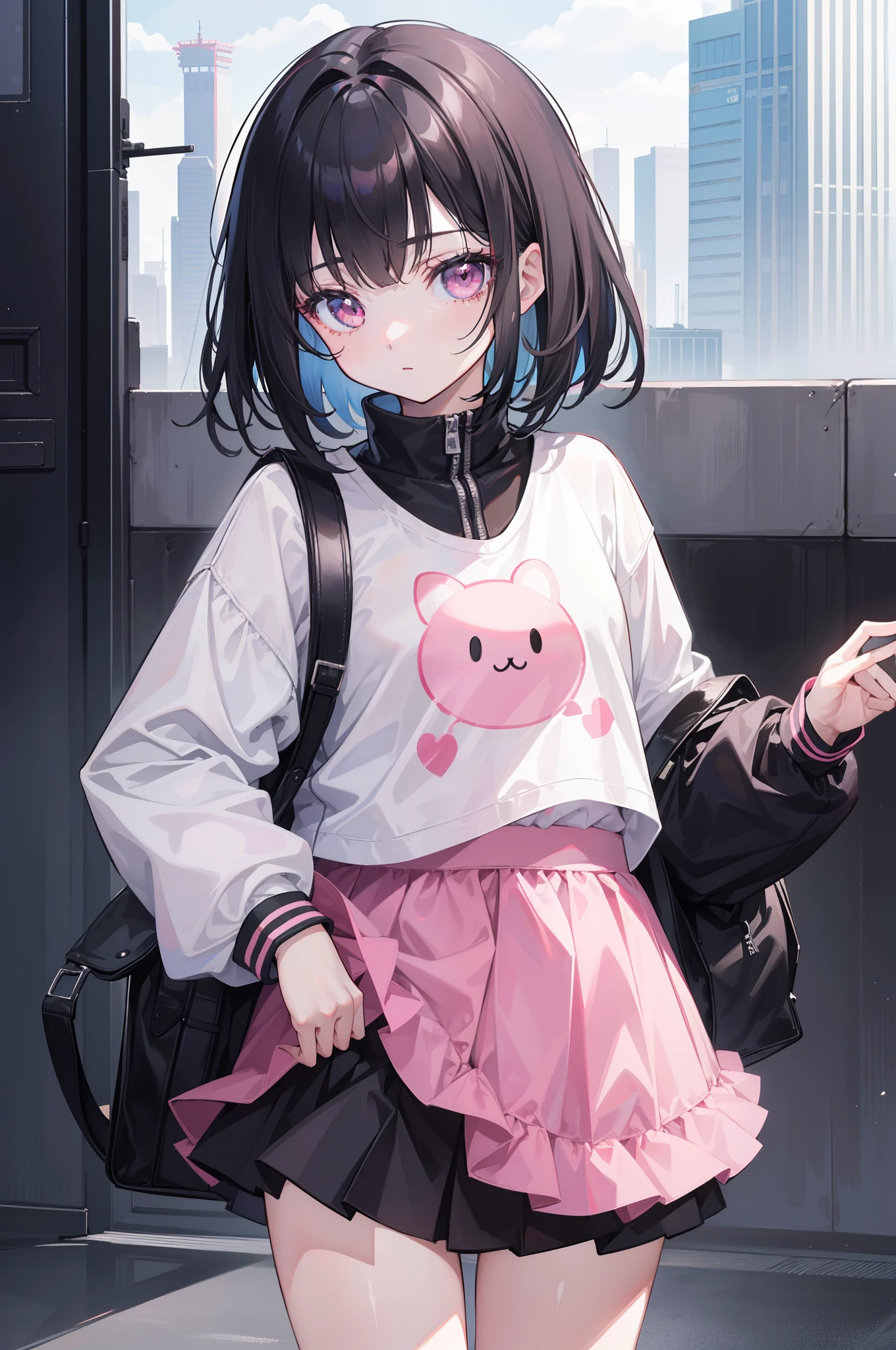 girl with、soio、age19、top-quality、a cool、cool、A dark-haired、Heavy bangs、bobhair、Pink eyes、Delicate lashes、校服、A black、a miniskirt、shuicolor、cute little