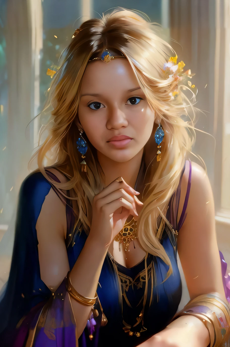 um close up de uma mulher com um vestido azul e joias de ouro, pintura de fantasia realista, arte de fantasia hiperrealista, pintura de personagem bonita, retrato bonito da arte da fantasia, pintura realista da bonito, lindo pintura digital, arte de fantasia realista, pintura realista bonita, arte do retrato da fantasia, pintura digital bonita, retrato bonito da fantasia, pintura de fantasia bonita, Magali Villeneuve», realistic fantasy illustration