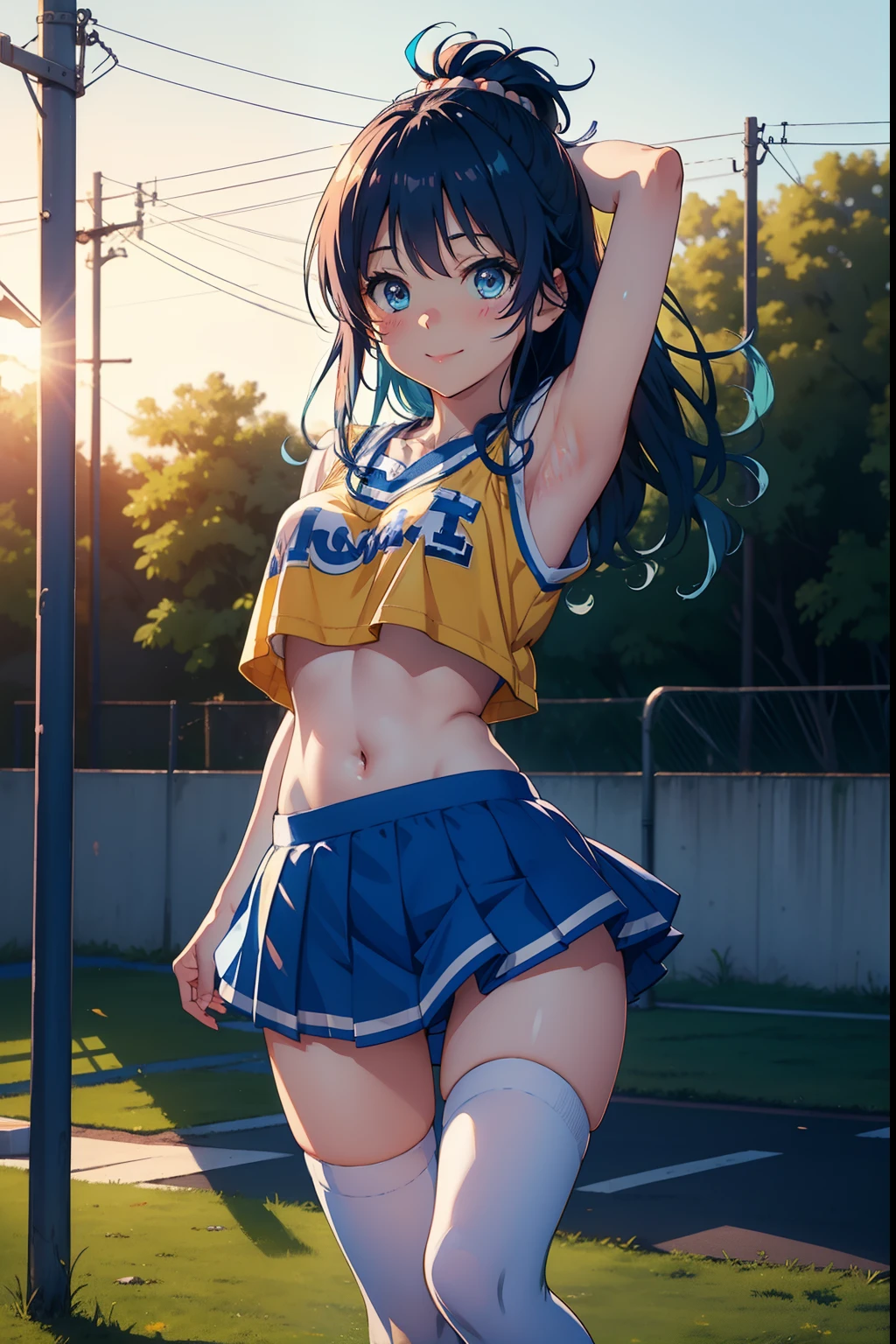 Yukimikan、Blue hair、Colossal tits、a smile、Navel Ejection、cyan colors amarelo Cheerleader Uniforms、White High Socks、white sneaker、A slender、Armpit Raising the right leg、School Grounds the setting sun