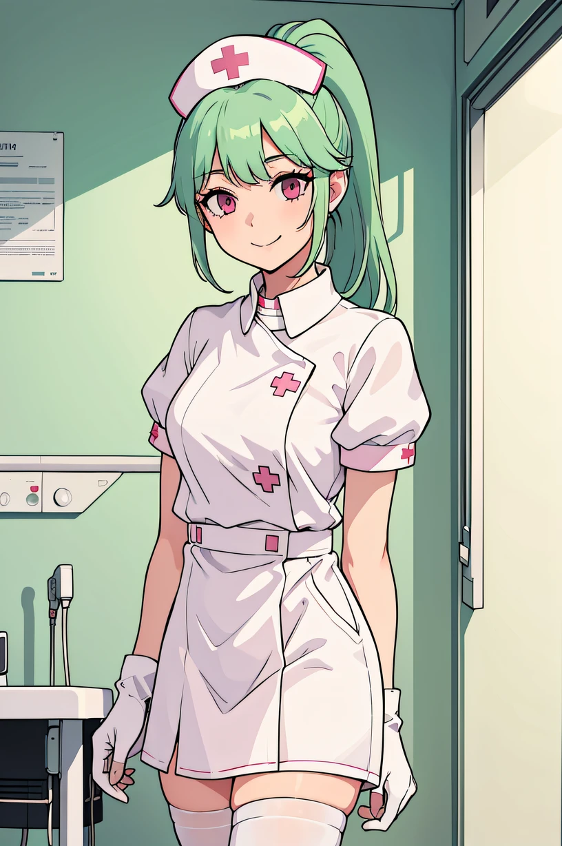 1girl, nurse, nurse cap, white wear, ((white legwear, zettai ryouiki)), white gloves, ponytail, green hair, pink eyes, smile, standing, ((hospital room)), sharp outline, short sleeves, best quality, masterpiece