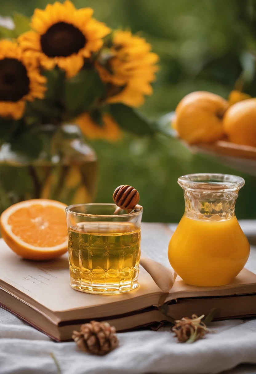 there is a book and a glass of honey next to a shoshak, a still life by Bracha L. Ettinger, pexels, renaissance, sukkot, we go, harvest, romance, fruit, summer morning, fim still, ready, well edited, fresh, beautiful, holy ceremony, battered, 3 0 s, morning detail