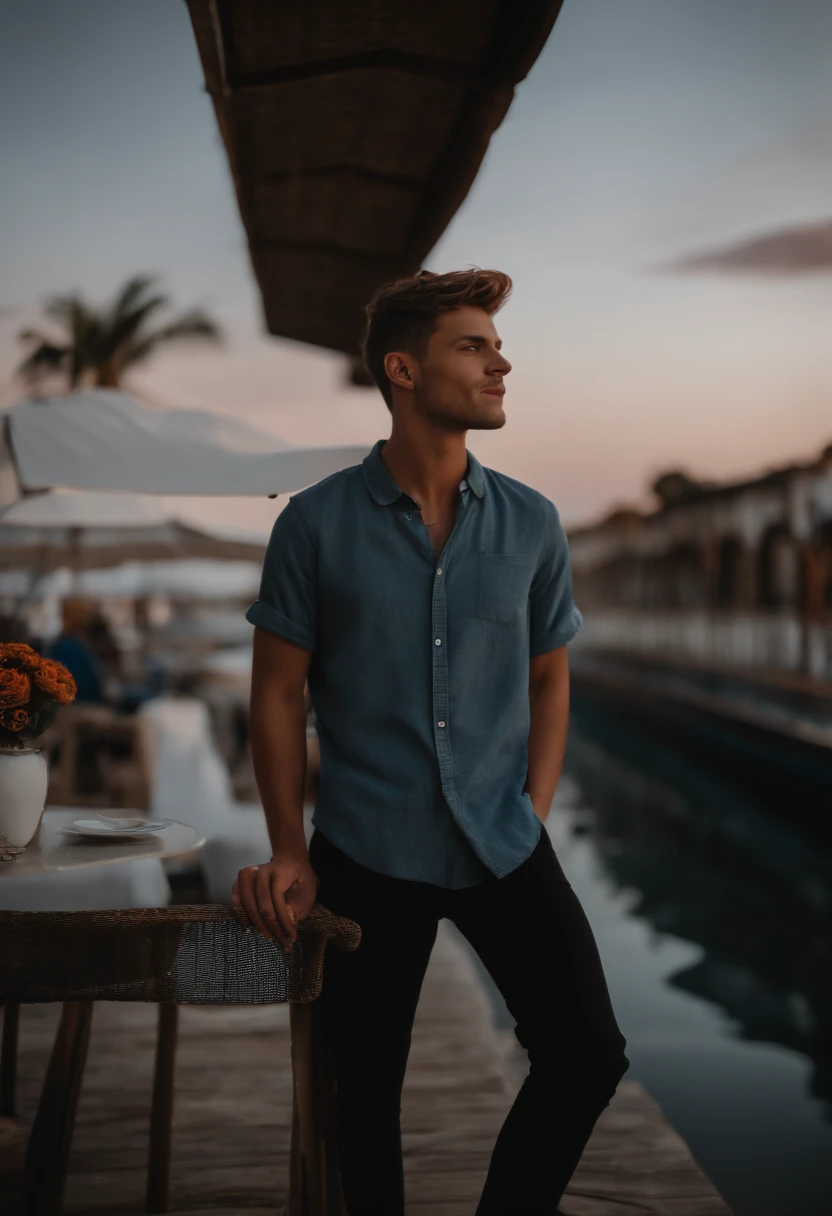 (8k, Foto RAW, best quality, master part: 1.2), (Realistic, photo-realistic: 1.37), ultra-detalhado, 1 jovem, 18 anos, Pescador, sozinho, beautiful detailed sky, detailed café, noite, sentado, (nariz corado), (sorrir: 1.1), (boca fechada), belos olhos detalhados, (camisa de gola: 1.1), gravata borboleta, black jeans pants,sapato branco, (short hair: 1.2), cabelos corte social,