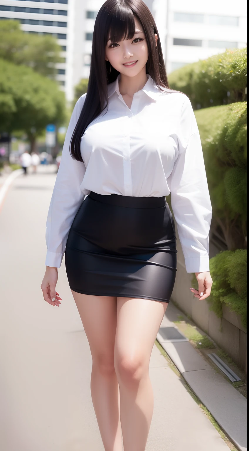 Smiling Japan beauty wearing business shirt and tight skirt,Full-body figure,tthin eyebrows,A dark-haired,Long straight hair,Bangs are bangs,Huge breasts,meaty legs,Sweaty