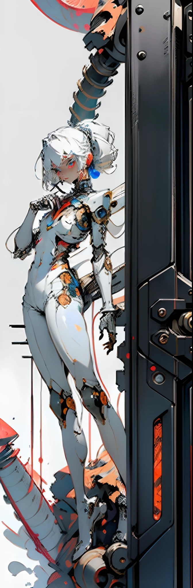 (((back view))), (((perfect abounds))), ((best qualityer)), (((clothes 100% baby blue))), (((slim))), (Muscles), (((Red suit))), ((Perfect masterpiece)), (detailded: 1.4), (absurdrez), (((curly hair))), (((full body fitness, neckline showing part of the breasts)), (((short hair woman, blushful))), 21 year old woman, beautiful sexy woman, giant robot pilot, wild with perfect corpo fitness, wearing small mecha battle armor clothes, tiny thong, Simon Bisley styled for the cover of Heavy Metal magazine, clothing with Japanese cyberpunk graphic patterns, Halftone pattern and vertical stripes, earth tone, exiting the body of a giant robot