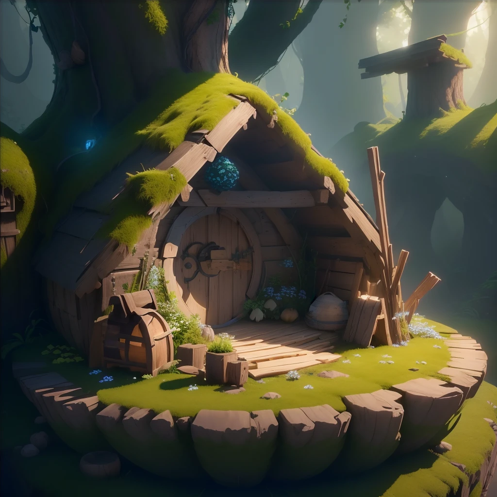 A small house in the middle of a forest with a tree - SeaArt AI