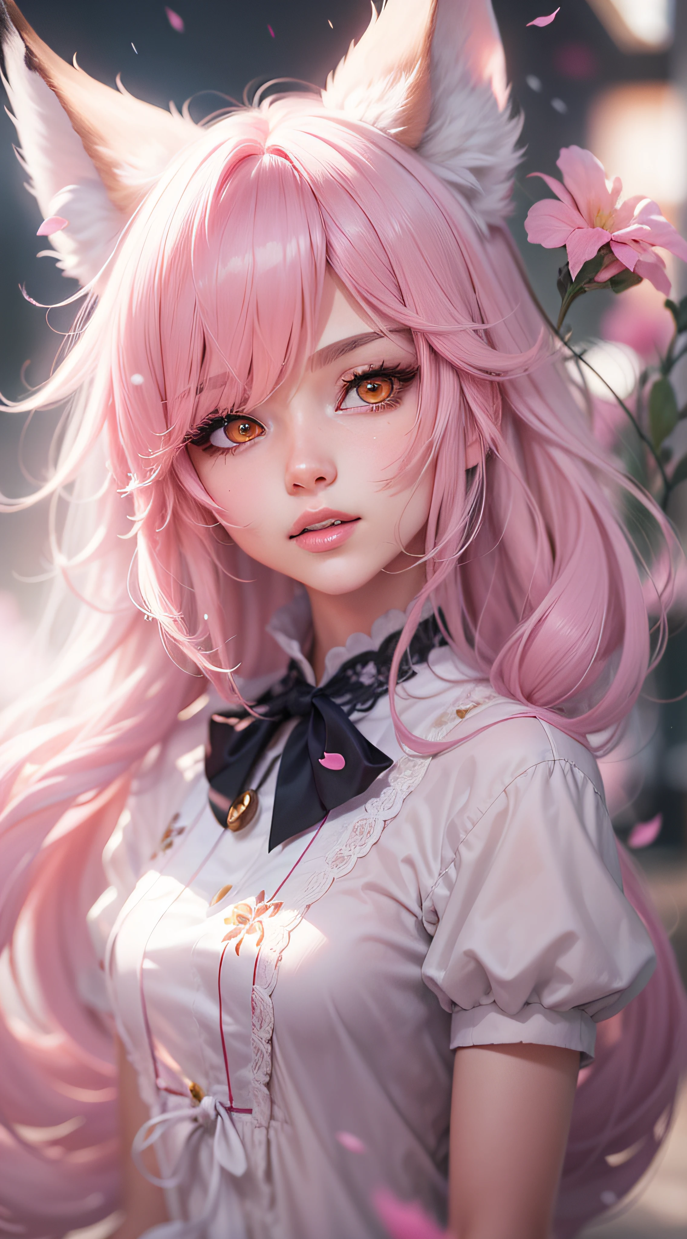 Nine snow-white fox tails (1.0), milky fox tail (1.0), fox close-up of nine tails, nine-tails, nine-tails, anime girl with pink hair and pink dress with flowers on her hair, very beautiful anime fox girl, beautiful anime fox girl, beautiful fantasy anime, guweiz, anime girl with fox ears, beautiful anime girl, very beautiful and cute fox girl, pink flower rain, background blur, anime style 4 K, anime fantasy artwork, 4k anime wallpaper, Artwork in the Guvez style