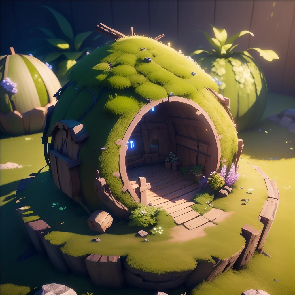 masterpiece, best quality, (extremely detailed CG unity 8k wallpaper), (best quality), (best illustration), (best shadow), A round turnip hut covered with moss, isometric 3D, octane render,ray tracing,ultra detailed