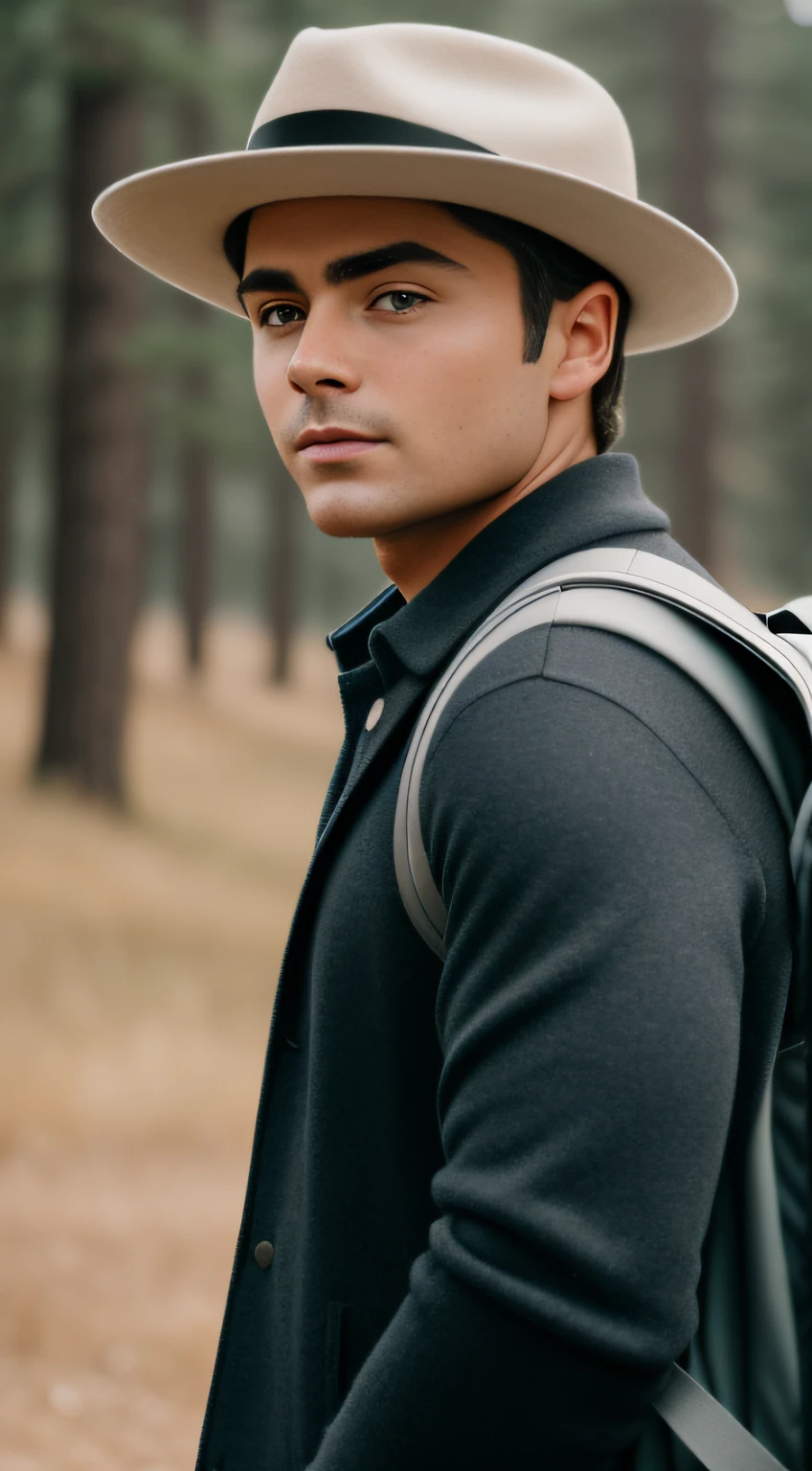 male portrait, beautiful face, perfect face, deliberate, masterpiece, best quality, highest quality, cinematic lighting, very beautiful, ultra realistic, beautiful, outdoors, (night), mountains, nature, (stars, moon) cheerful, happy, backpack, sleeping bag, camping stove, water bottle, mountain boots, gloves, sweater, hat, flashlight, forest, rocks, river, wood, smoke, shadows, contrast, clear sky, analog style (look at viewer:1.2) (skin texture) (film grain:1.3), (warm hue, warm tone:1.2), close up, Zac efron, cinematic light, sidelighting, ultra high res, best shadow, RAW, upper body, wearing pullover