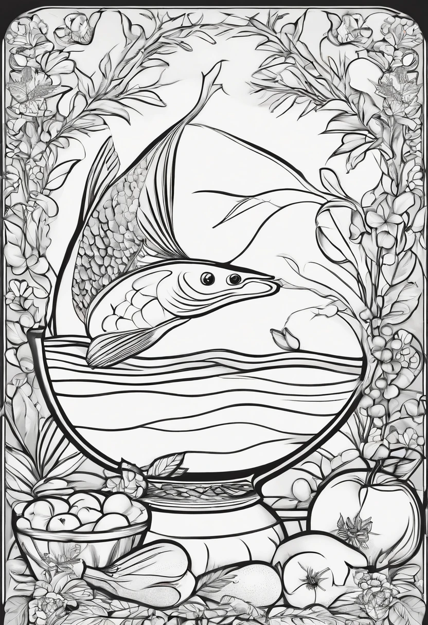 a black and white image of a fish, apples, and a pot of fruit, an illustration of by Siona Shimshi, trending on pixabay, dau-al-set, coloring pages, coloring book outline, coloring page, added detail, black and white color only, flash sheet, black and white coloring, hebrew, sukkot, coloring book style
