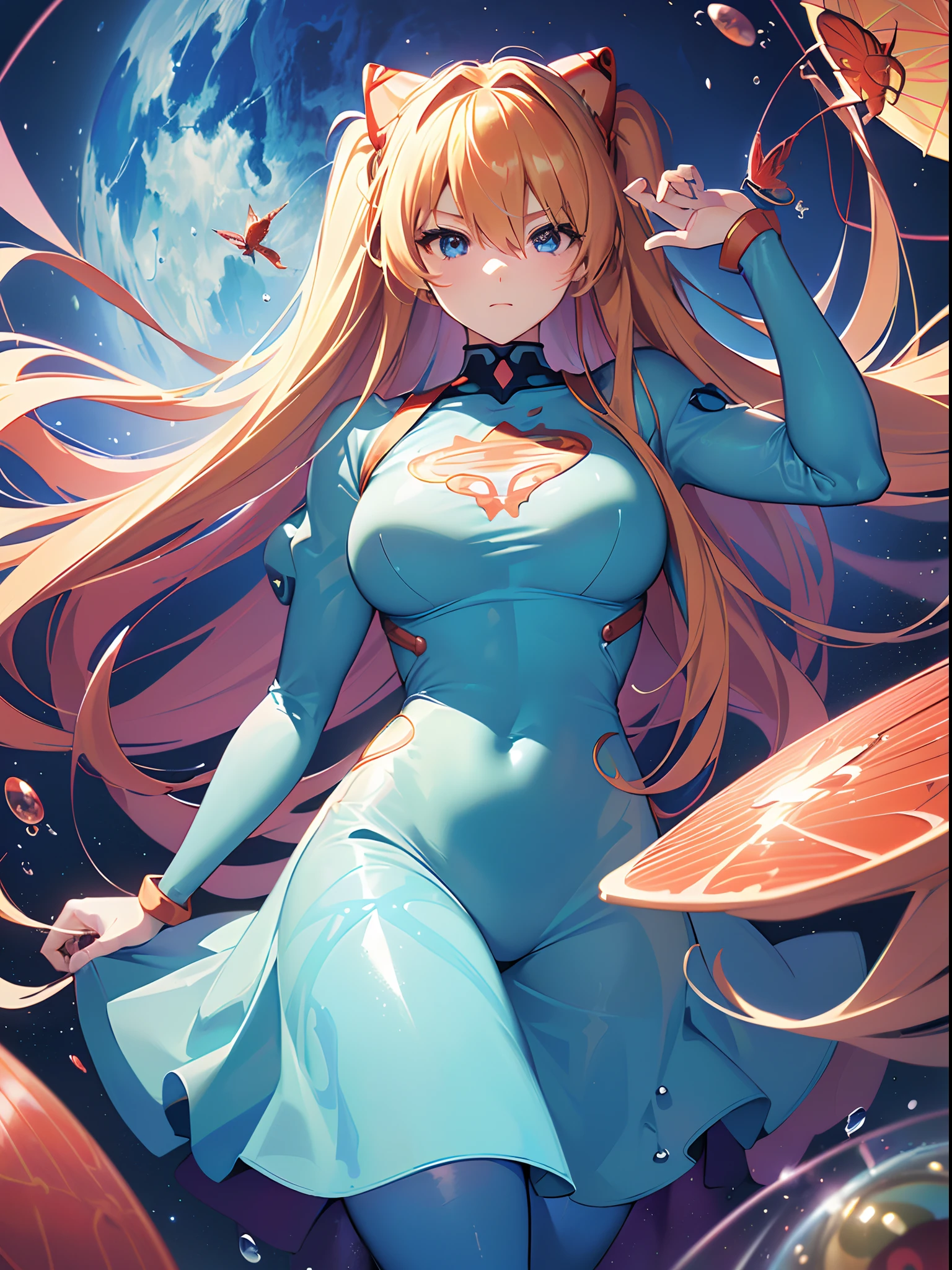 ((souryuu asuka langley,headgear,blue sundress,smooth thighs,Blonde,side twintails)),(Glowing eyes:1.233), diffuse reflection, high-profile, majestic,(standing,imminent kiss,blushing,adorable face,bishoujo,kawaii,)(Beautiful and detailed eyes:1.3),1girl,Solo,(Masterpiece,Best quality, offcial art,Target the audience, Beautiful and aesthetic:1.2),(超高分辨率,Golden ratio), (4K),(looking from above,bent over),(((a girl is holding oil paper umbrella))),Wariza,Floating hair, (((Blue planet,butterfly mountain,raindrops,rainbow,blooming,glowing light),cinematic lighting,natural lighting,good lighting,ray tracing,Greatest optical vision painting)),(photo maping, Physically-based rendering,automatic white balance),Amazing,Sharp focus,(((holographic))), (((high detailed skin,)))Dynamic lighting,Intricately detailed clothing,Watery eyes,(masterpiece sidelighting),(busty body,a sexy girl,The sheen),[[Delicate fingers and hands:0.55]::0.85],(Detail fingers),((((BREAK,Design an image with a fisheye lens effect, capturing a wide field of view with a distinctive, curved perspective.BREAK,)))Superior photographic quality,((extremely_Detailed_Eyes_and_face)),(Disheveled hair),Movie girl,Brilliant,drifting Nebula,ethereal, glossy ,striking contrast,high saturation