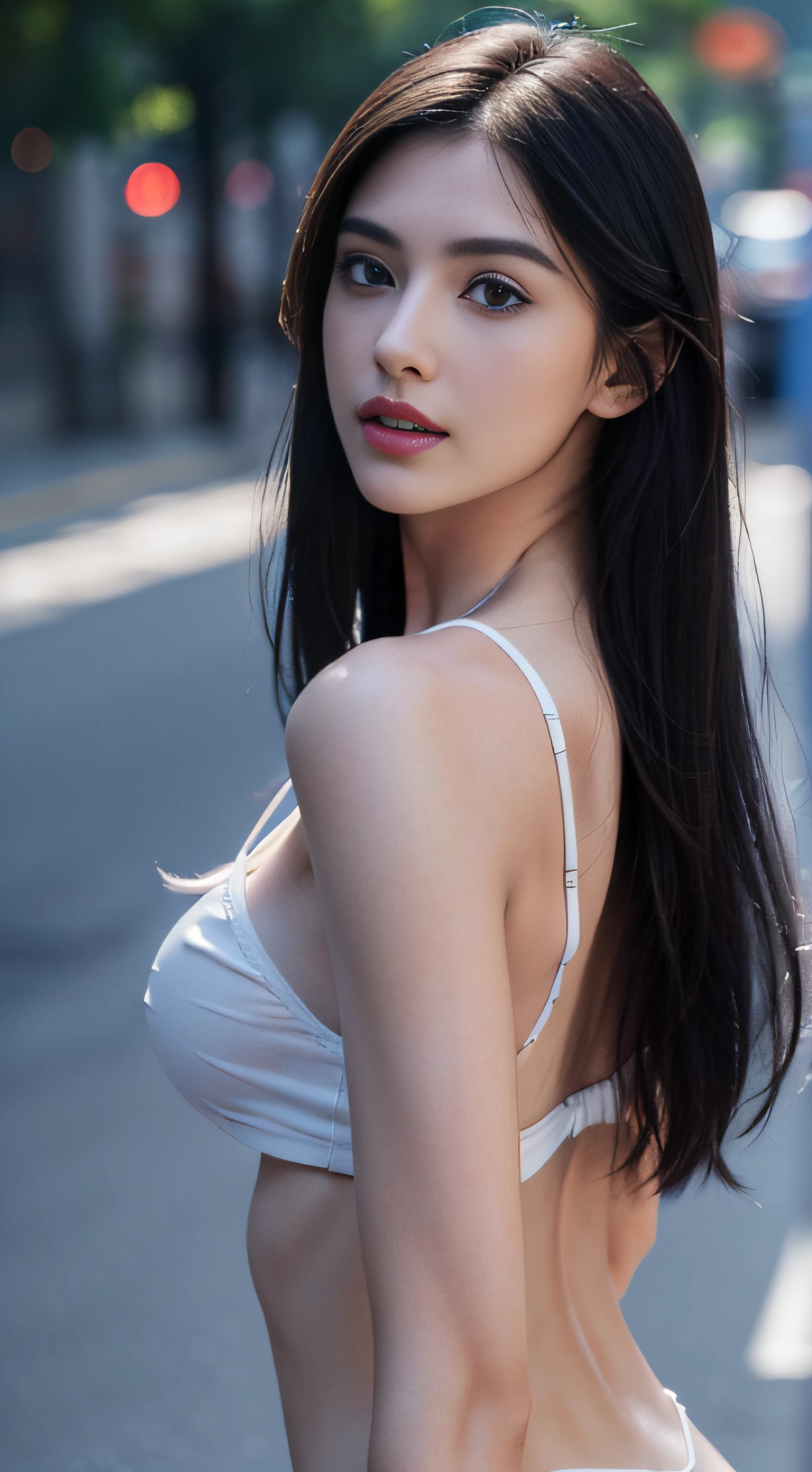 8K, Top Quality, Real Images, Intricate Details, Ultra Detail, Ultra High Resolution, Masterpiece, realistic, photorealistic, (complex details: 1.2), (delicate details), (cinematic light), (( full body)), (((areola slip, sideboob, underboob, undershirt))), ((small and beautiful hard nipple)), feminine and sexy posture, Slender, Smile, (Makeup: 0.4), (Fluffy blue Eyes: 1.21), blue Eyes, ((full body)), 1girl, solo, 1 girl, (( full body)), ((close up shot)), ((tall)), (((fit body))), (((detailed face, realistic face, slim face, sharp face, sharp eyes, small lips half-open strawberry lips, pureerosfaceace_v1))), (((white hair, long hair, )) , ((black suit)), Top quality, , clear lines, sharp focus, realistic face, detailed breast, big ass, large ass, big ass, Beautiful girl with accentuated slender abs: 1.4, Six Pack Abs: 1.4, Bust Botox, Big, Perfect Body, detail leg, Unity 8K wallpaper, ultra high definition, (photorealistic: 1.4), (Neon, On street:1.1)