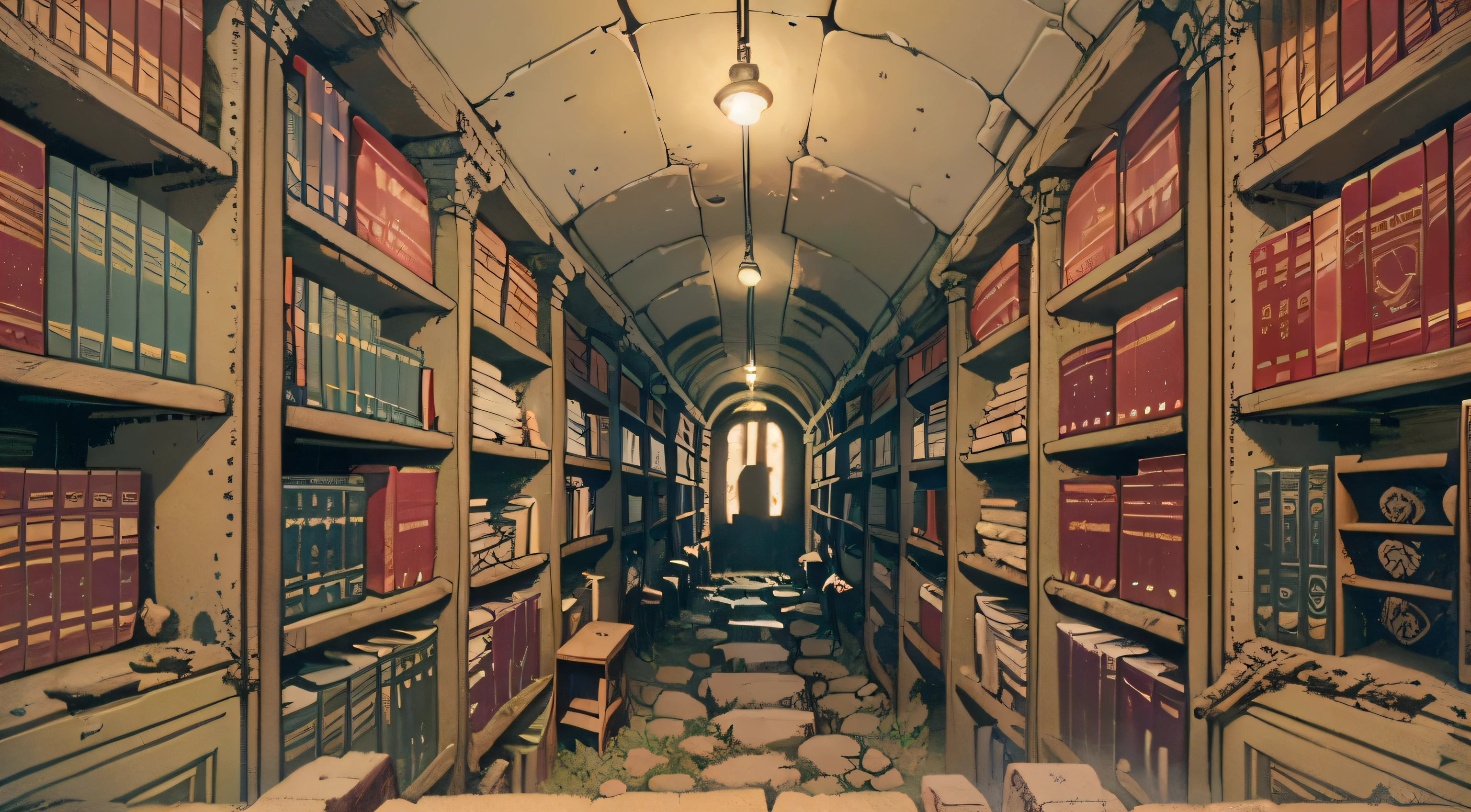 A huge underground space resembling ancient ruins, with illegible characters carved into the walls and twisted bookshelves and drawers