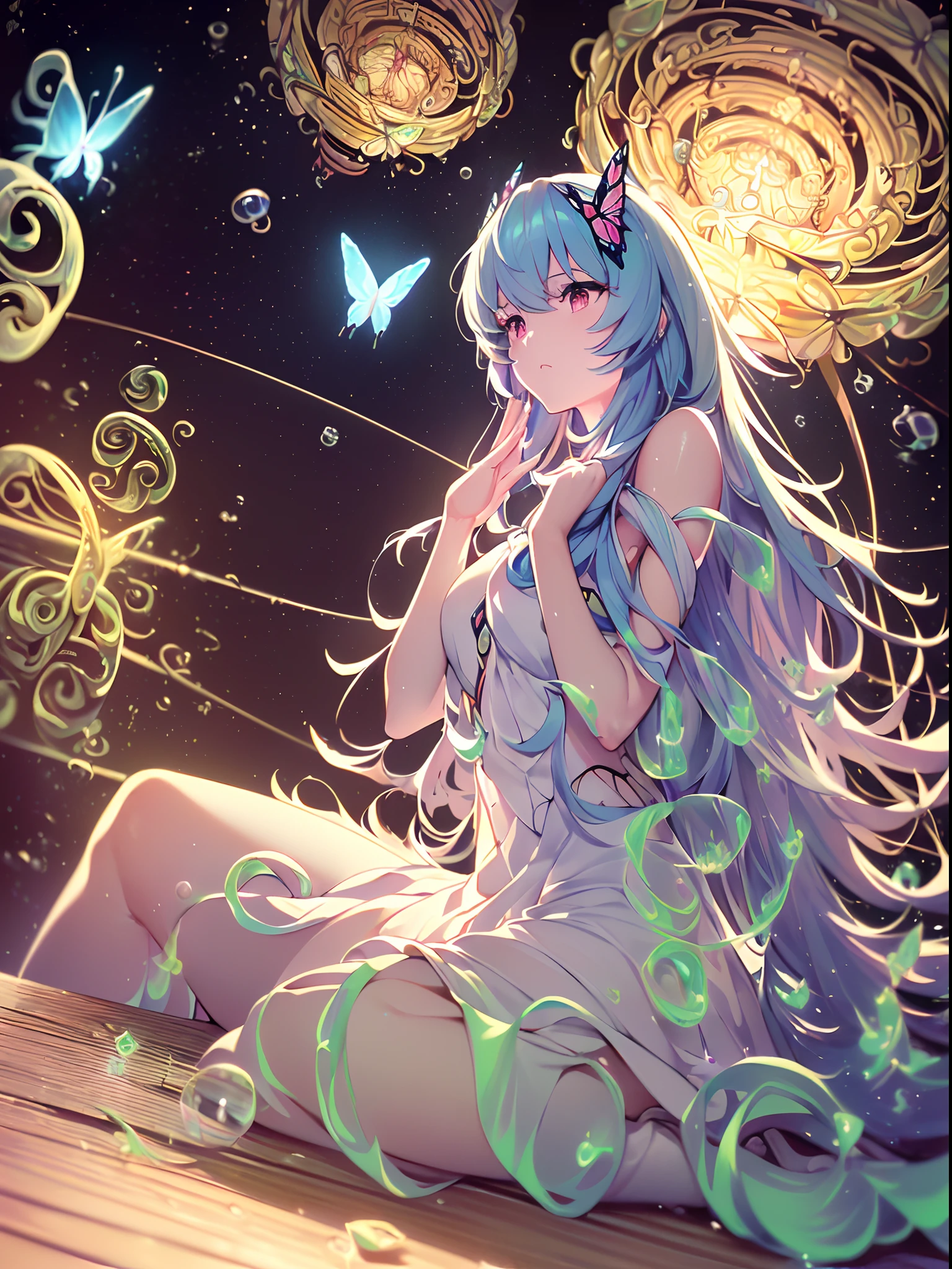 (((ayanami rei))),((((((BREAK,Design an image with a fisheye lens effect, capturing a wide field of view with a distinctive, curved perspective.BREAK,)))))((1girl:1.1,solo,))(masterpiece,best quality, official art,back to viewers, beautiful and aesthetic:1.3),((ultra high res,golden ratio,)) (4k),((from side,dawn,rainbow,raindrops, dreamland,beautiful sky,detailed aurora)),((((spiral bubbles,))))national lighting,good lighting,ray tracing,dynamic lighting, cinematic lighting,((((butterfly mountain,))))(fantasy,)((psychedelic)),((dreamy)),((holographic,))radiosity, physically-based rendering,automatic white balance), technological sense,Amazing,sharp focus,detailed background,rich background,astonishing background, (((high detailed skin,)))dynamic lighting,intricate detailed outfit,glowing eyes,watery eyes,((extremely long hair,hair over shoulders)),skiny,slender,smooth beast,smooth legs,backless sundress,((musical notes,fireworks)),(masterpiece sidelighting),(bishoujo,lustrous),(sky blue hair,pink eyes,）[[delicate fingers and hands:0.55]::0.85],(detail fingers),(((Ultra Photographic Quality,ultra wide angles)))),((incredibly absurdres,photoreality)),(realilty:0.7),((a girl is chanting,put hands together,))((sitting:0.8,full body shot,))Golden rings,((extremely_detailed_eyes_and_face)),(disheveled hair),FilmGirl,(dynamic configuration: 0.9),Brilliant,drifting Nebula,ethereal, glossy ,striking contrast,high saturation