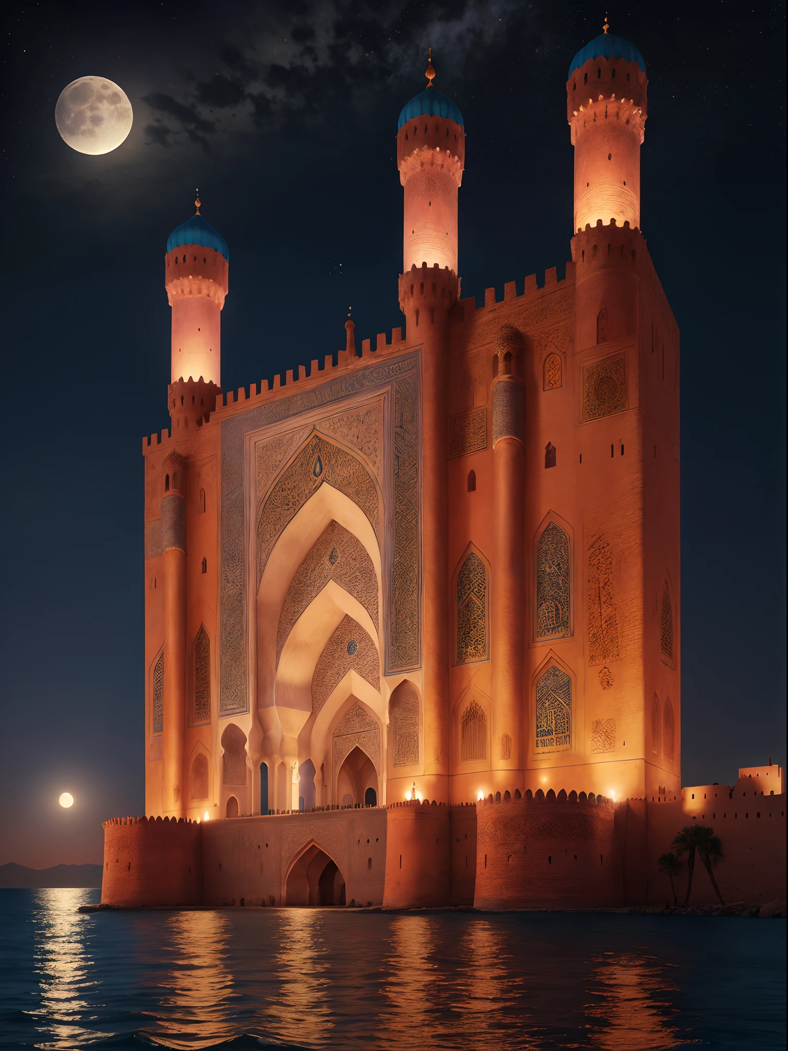 dreamlike moroccan mosque legendary hyper realistic architecture super detailed legendary castle. Moon behind bright red on the waves of the sea superb view environment