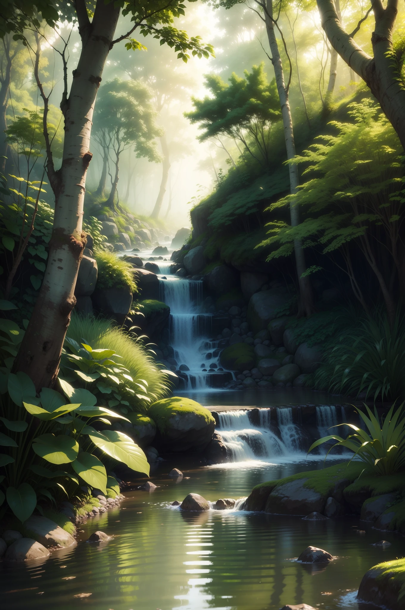 best quality, realistic, vivid colors, beautiful detailed scenery, professional, nature-inspired, soft lighting, fine brushstrokes, tranquil atmosphere, lush greenery, flowing water, sunlight filtering through the trees, birds chirping, gentle breeze, realistic texture, high-res, vibrant foliage, peaceful ambiance, captivating beauty, harmonious composition