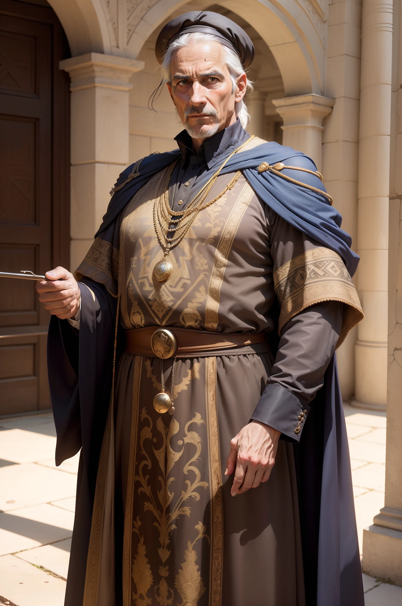 Imagine a 55 year old man, wearing clothes from ancient Israel, the image characterized by realism, highlighting his austerity, the intricate patterns in his period clothing, his determined look, realistic photo to capture the essence of the character, --ar 1: 1 --v 5