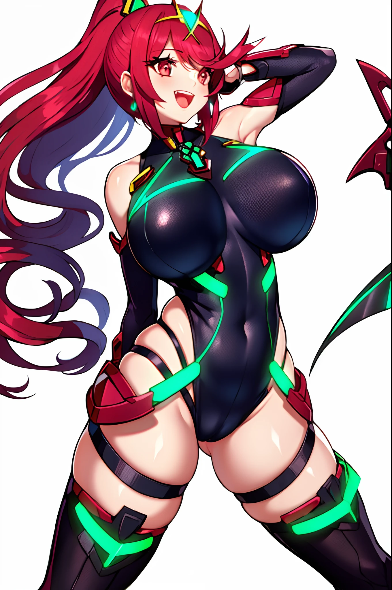 pyra \(xenoblade\), _1girl, lolings, black gloves, breasts, red eyes, shout, earrings, eyelashes, fingerless gloves, floating hair, , gem, gloves, hair ornament, headpiece, jewelry, big_breasts, leaning back, swimsuit, neon trim, official art, pose, red hair, saitou masatsugu, short hair, sidelocks, skin tight, solo, swept bangs, thighhighs, tiara, fantasy_town_background, underbust, xenoblade chronicles \(series\), (xenoblade chronicles 2), (spread_legs:1.1), fire_effect,dynamic_pose,fighting,light_smile, (plump:1.1), big_ass,huge_sword, hold_large_sword_hilt, covered_nipples, covered_pussy, fists,ponytail,beautiful_fingers,(solo:1.1), bare_shoulder,(shoulder_naked:1.2)