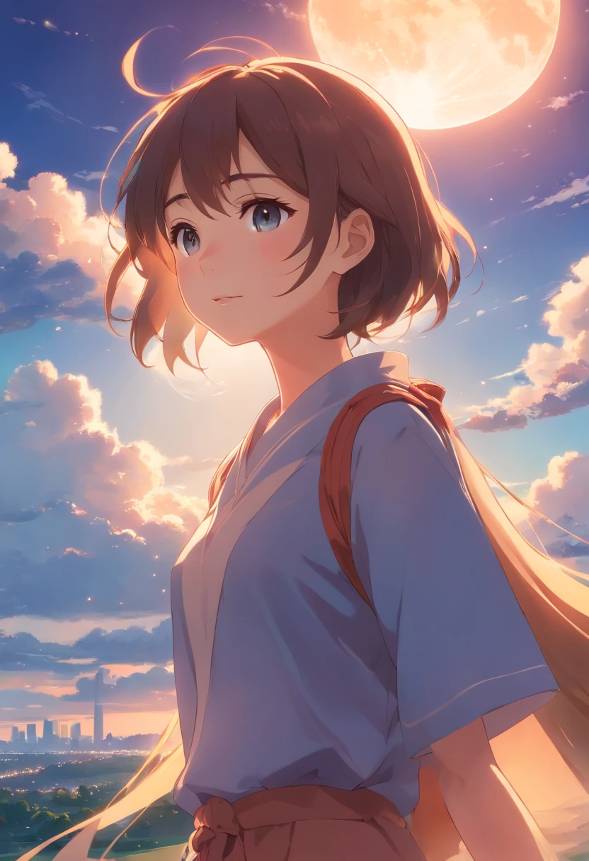 masterpiece、top-quality、Movie stills、1girl、Cloud Girl、floating in sky、a closeup、发光、happiness、Warm soft lighting、the setting sun、(Spark:0.7)、harvest moon