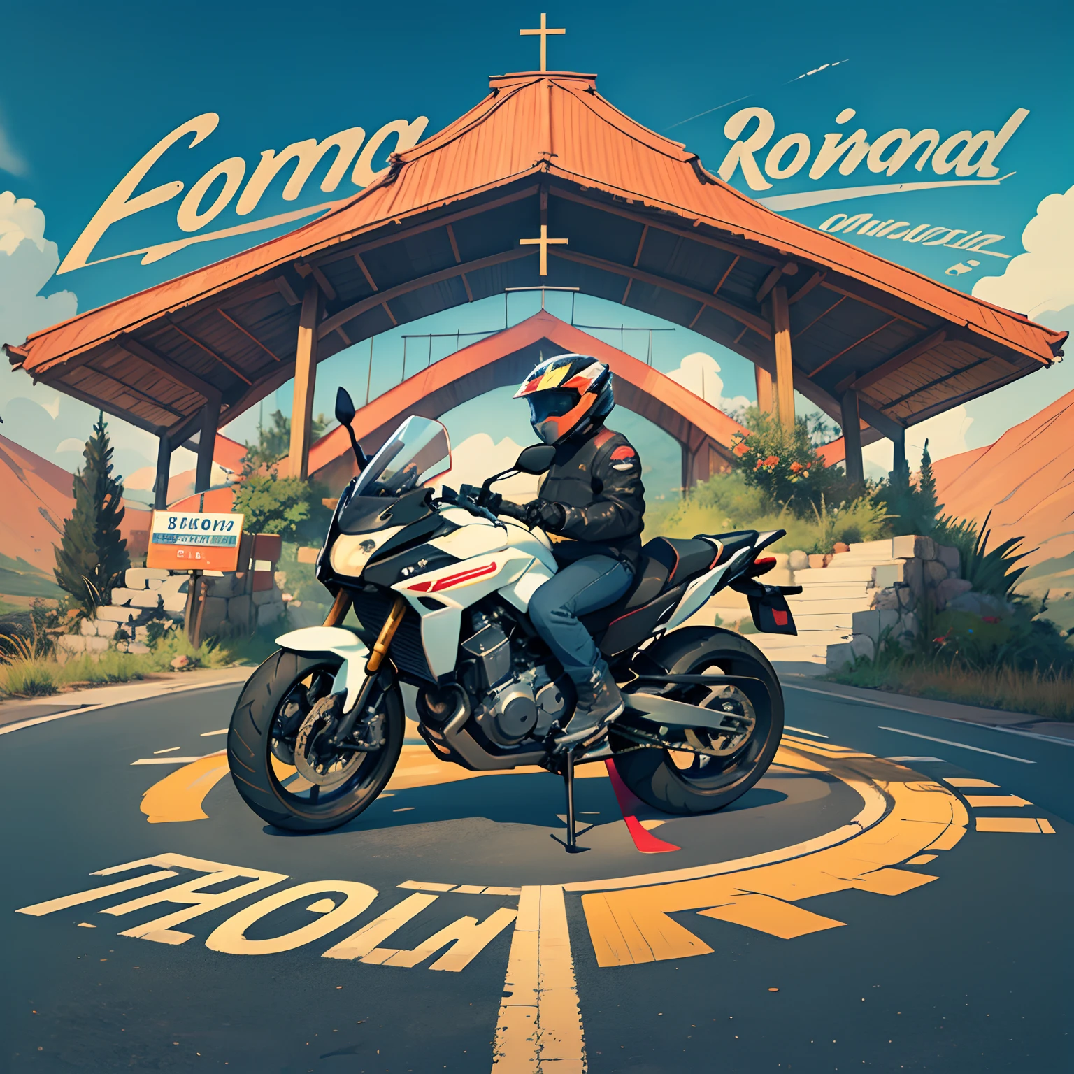 By Motorbike through the Churches of South America - Image of winding road with white motorcycle, vibrant colors, script, Christian symbols, motorbike and tent, promotional stickers, inspirational phrase