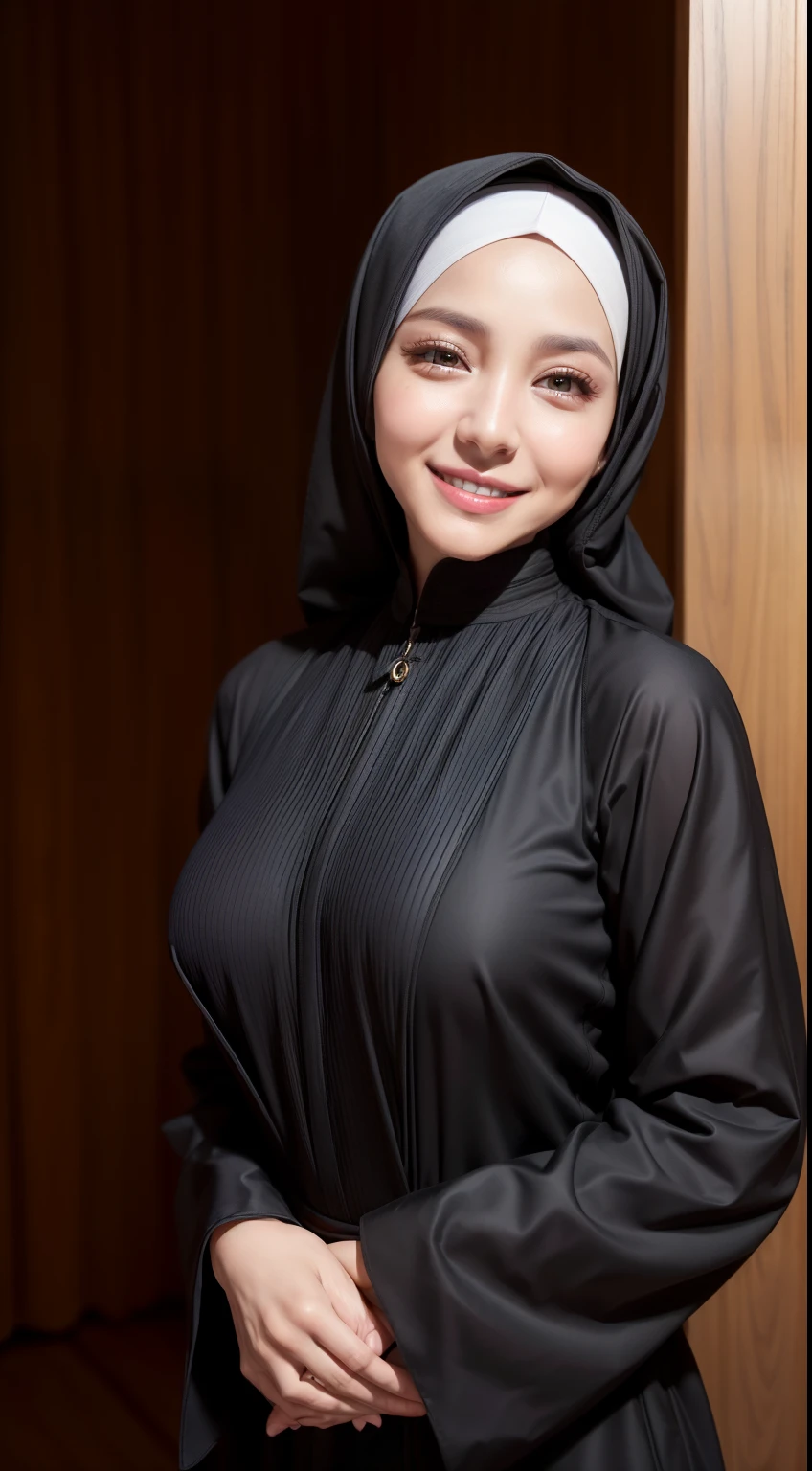 (64k, RAW photo, best quality, masterpiecel1.4), ((forex market background)) , (( smile face )), (realistic, photo-realistic:1.37), photo of a women in black hijab, 1girl and 1 men, (lighting), ((wearing black fit jubah)) , ((selfie pose)), ((covered breast))
