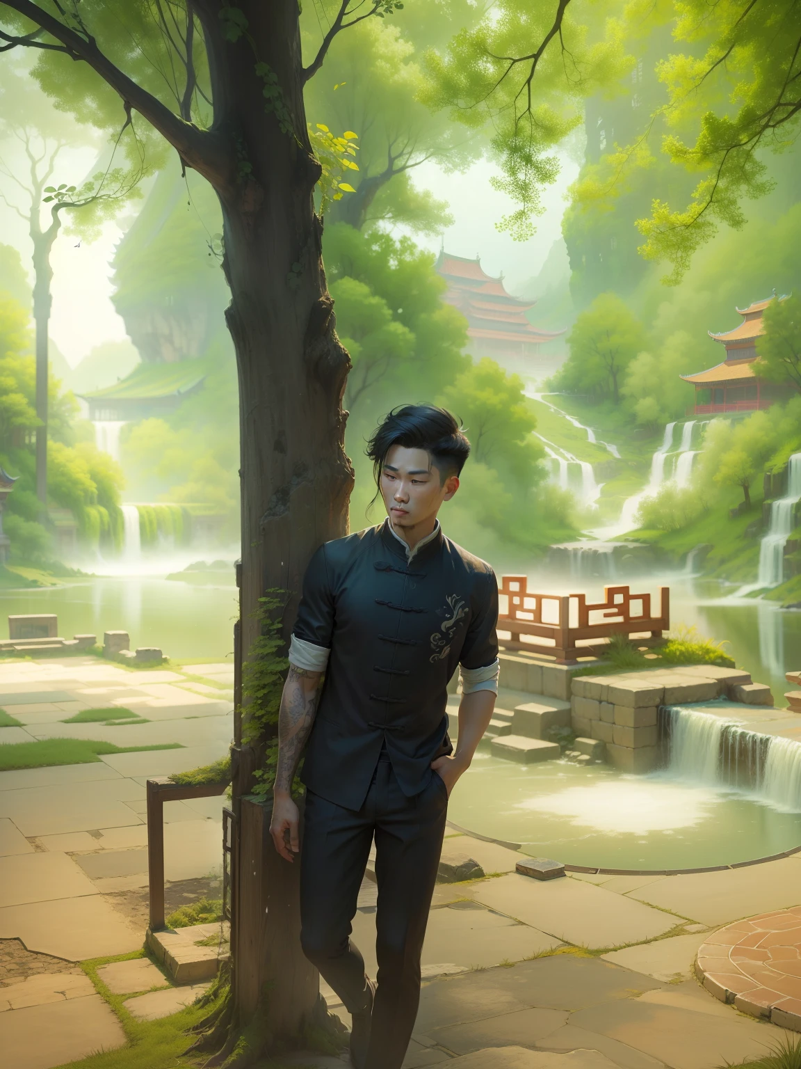 The game scene, the ancient Chinese palace is located above the clouds, surrounded by clouds and mist, majestic, glazed tiles, colorful rays of light, ((color ink)),((splash ink)),((splash ink) ink}) ), masterpiece, high quality, Refined graphics, high detail