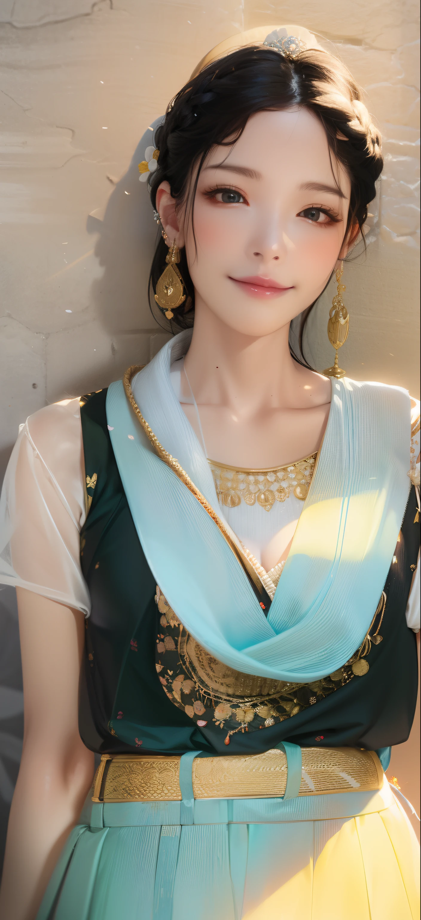 (best quality,ultra-detailed,realistic:1.37),vivid colors,portrait,traditional painting style,soft lighting,peaceful atmosphere,serene expression,light makeup,graceful pose,flower garden,subtle breeze,natural sunlight,fresh air,relaxing ambiance,delicate feminine features,delightful smile,flowing dress,hand fan,traditional hair accessories,ornate patterns,rich cultural background,harmonious color palette,subtle gradients,fine brushwork,expressive eyes,lustrous black hair,dainty posture,detailed skin texture,captivating gaze,inner tranquility.