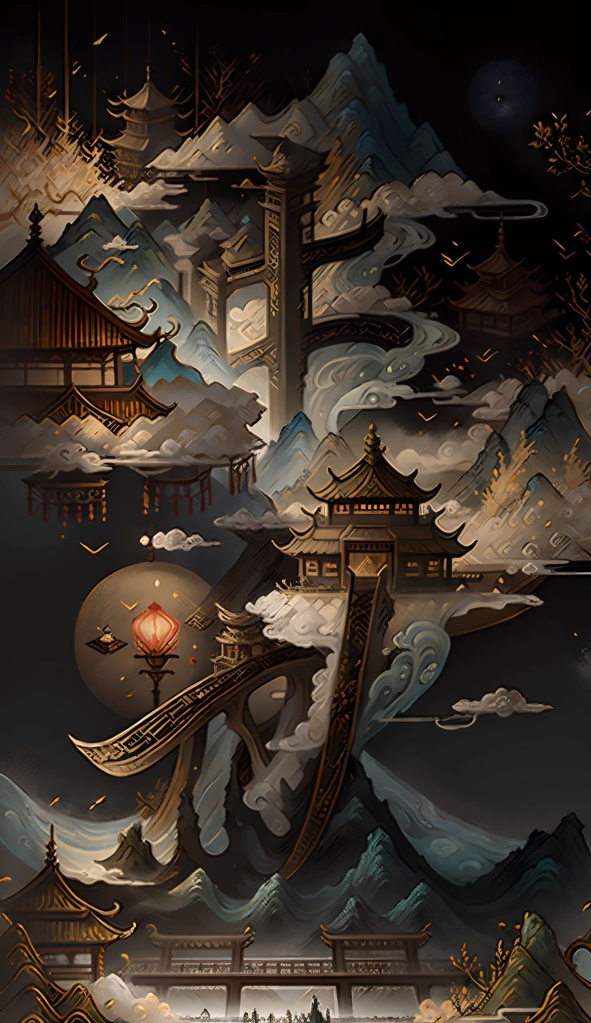 An ancient Chinese painting, ancient Chinese background, mountains, rivers, auspicious clouds, pavilions, sunshine, masterpieces, super detail, epic composition, ultra HD, high quality, extremely detailed, official art, unified 8k wallpaper, Super detail, 32k -- v 6