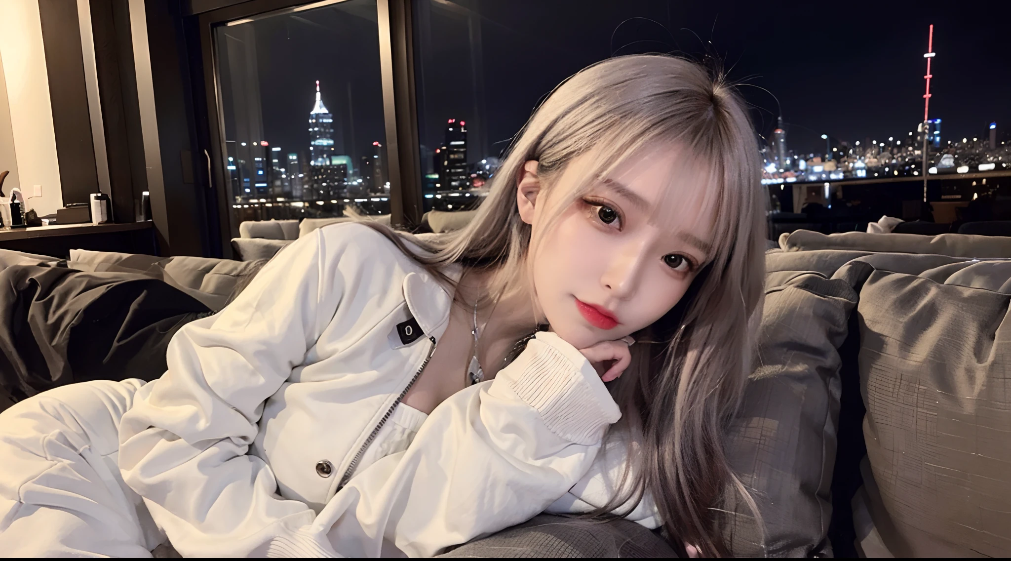 (((Lying on the couch)))，lucy \(Cyberpunk\), 1girll, hair scrunchie, hime-cut, Silver hair, colored tips, full moon, With gray eyes, Jacket, Long sleeves, view the viewer, Medium hair, O cabelo multicolorido, Bangs separated, lips parted, A pink-haired, Portrait, Red eyeliner, Redlip, Solo, White jacket, cyber punk perssonage\(Series\), Rainy night in neon-lit cyberpunk city，(A half body，中景 the scene is，Dew right shoulder)