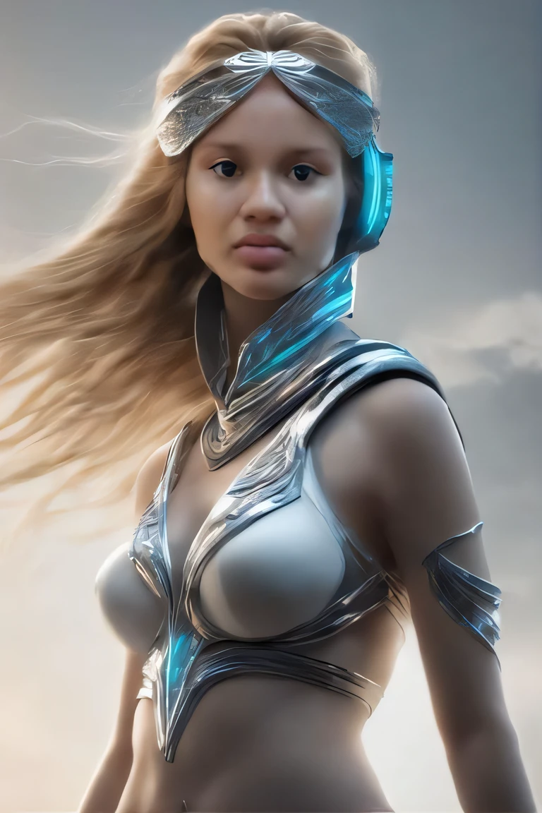 um close up de uma mulher com uma roupa prateada com fones de ouvido, unreal engine render + uma deusa, pomba cameron em uma armadura de cavaleiro, mulher futurista da moda, cyborg menina branca bonita, usando armadura futurista, roupas futuristas e capacete, mulher scifi, vestindo futurista, beautiful female android!, CGSetivity UHD 4K altamente detalhado, usando roupas futuristas