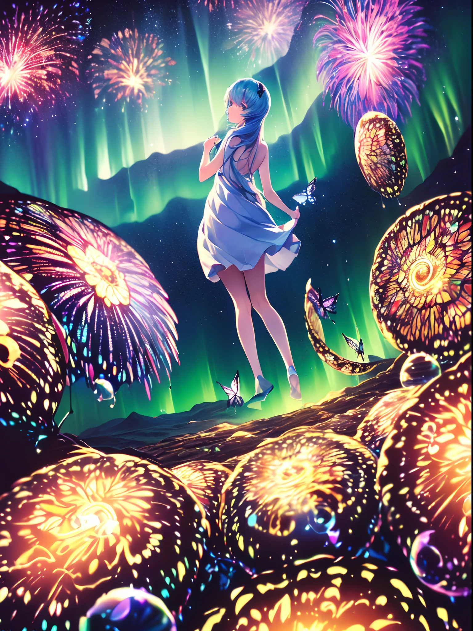 (((ayanami rei))),((((((BREAK,Design an image with a fisheye lens effect, capturing a wide field of view with a distinctive, curved perspective.BREAK,)))))((1girl:1.1,solo,))(masterpiece,best quality, official art,back to viewers, beautiful and aesthetic:1.3),((ultra high res,golden ratio,)) (4k),((from side,dawn,rainbow,raindrops, dreamland,beautiful sky,detailed aurora)),((((spiral bubbles,))))national lighting,good lighting,ray tracing,dynamic lighting, cinematic lighting,((((butterfly mountain,))))(fantasy,)((psychedelic)),((dreamy)),((holographic,))radiosity, physically-based rendering,automatic white balance), technological sense,Amazing,sharp focus,detailed background,rich background,astonishing background, (((high detailed skin,)))dynamic lighting,intricate detailed outfit,glowing eyes,watery eyes,((extremely long hair,hair over shoulders)),skiny,slender,smooth beast,smooth legs,backless sundress,((musical notes,fireworks)),(masterpiece sidelighting),(bishoujo,lustrous),(sky blue hair,pink eyes,）[[delicate fingers and hands:0.55]::0.85],(detail fingers),(((Ultra Photographic Quality,ultra wide angles)))),((incredibly absurdres,photoreality)),(realilty:0.7),((a girl is chanting,put hands together,))((Wariza:0.8,full body shot,))Golden rings,((extremely_detailed_eyes_and_face)),(disheveled hair),FilmGirl,(dynamic configuration: 0.9),Brilliant,drifting Nebula,ethereal, glossy ,striking contrast,high saturation