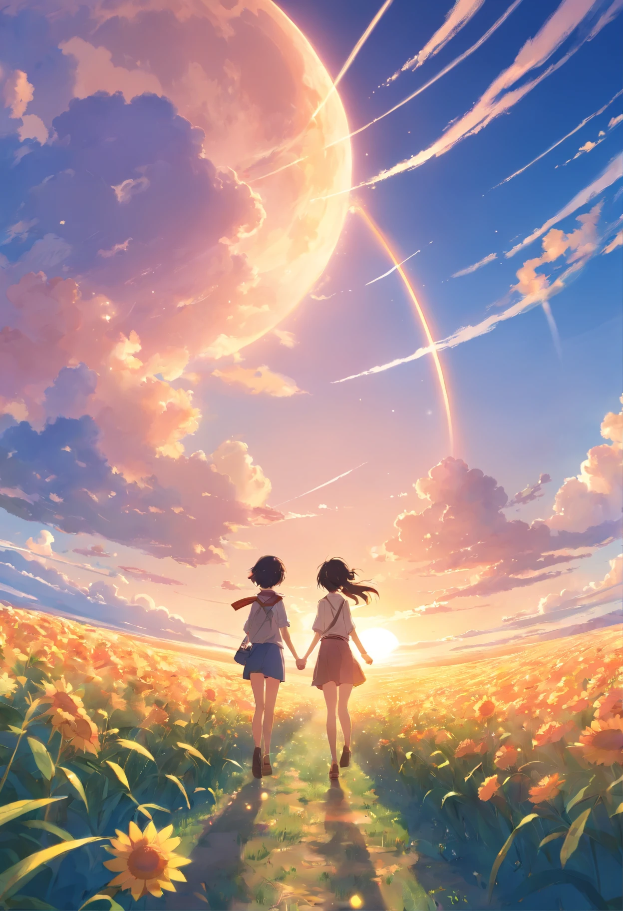 masterpiece、top-quality、Movie stills、1girl、Cloud Girl、floating in sky、a closeup、with light glowing、happiness、Warm soft lighting、the setting sun、(Spark:0.7)、harvest moon