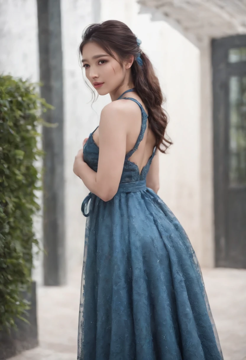 Bigchest,big assa,Lash,Blue ponytail,30-year-old girl,On the mall,Blushing of the face,The eyes are terrified,Drunk,Painful expression,Cover your belly,with fair skin, full body, chest closed, long dress
