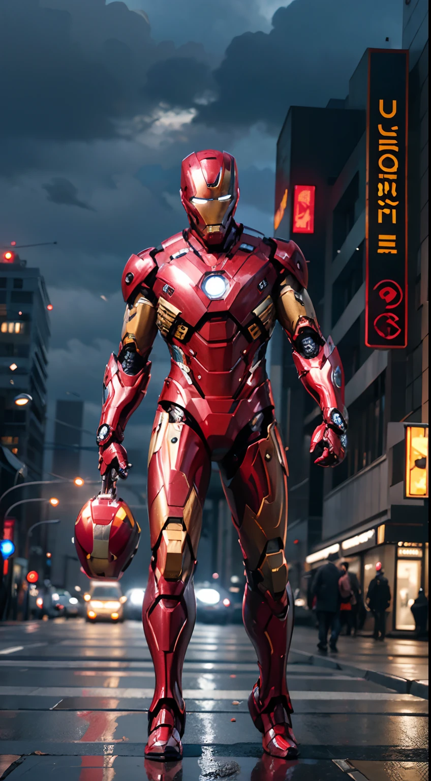 8k realistic, attractive, highly detailed A handsome and attractive 20 year old boy inspired by Iron Man wearing a shiny Iron Man robot. A young man dresses with coolness and confidence. It perfectly reflects Iron Man's strength and special abilities. In a daytime scene in a cyberpunk city A cool and attractive young man uses Iron Man cosplay as a theme. A young man wears a shiny Iron Man robot suit. She stood on a street lined with tall buildings. The night lights of the city shine brightly. Reflects on the young man's machine Add a sense of future technology The surrounding buildings and streets are filled with cyberpunk elements such as neon lights, high-tech gadgets, and futuristic architectural designs. The entire scene is filled with a futuristic and sci-fi atmosphere. This high-definition, high-quality image will give you incredible viewing pleasure. The perfect mix of cool, futuristic and sci-fi elements. OC rendering, stunning lighting, award-winning quality.