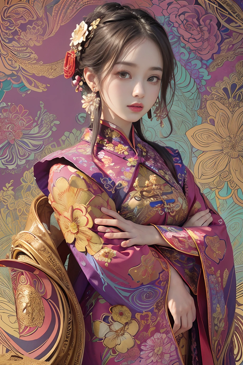 (masterpiece, top quality, best quality, official art, beautiful and aesthetic:1.2), (1girl:1.3), extremely detailed,(fractal art:1.1),(colorful:1.1)(flowers:1.3),highest detailed,(zentangle:1.2), (dynamic pose), (abstract background:1.3), (chinese Traditional cloth:1.2), (shiny skin), (many colors:1.4), ,(earrings:1.4),