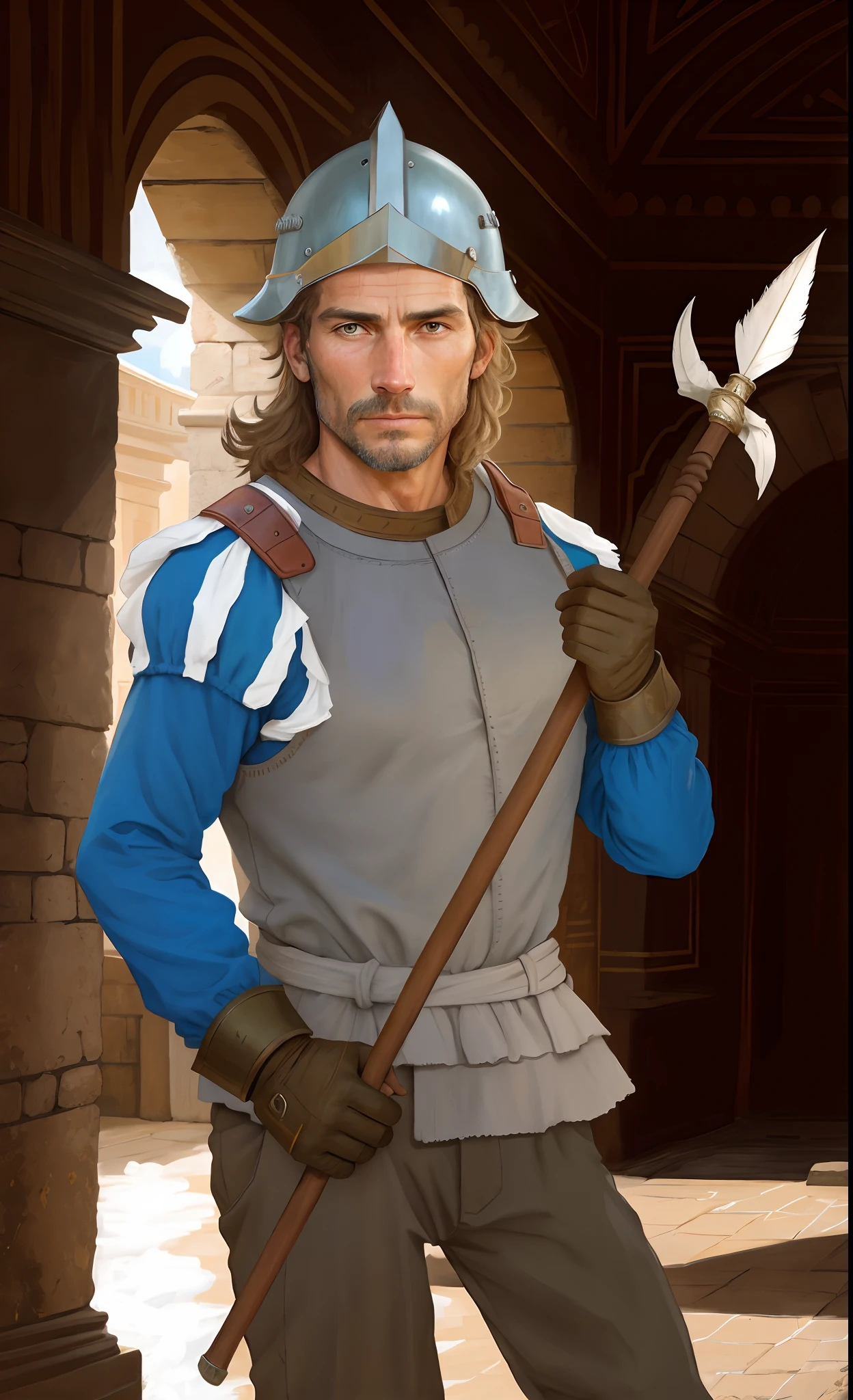 Spearman, man, weathered, age of 38, rough skin, wrinkle, middle-aged, wearing a helmet, South Europe people, correct anatomy of two hands, European, 16th century, renaissance, age of exploration, holding a spear, passersby face, npc face, mediocre,Featureless, not impressive