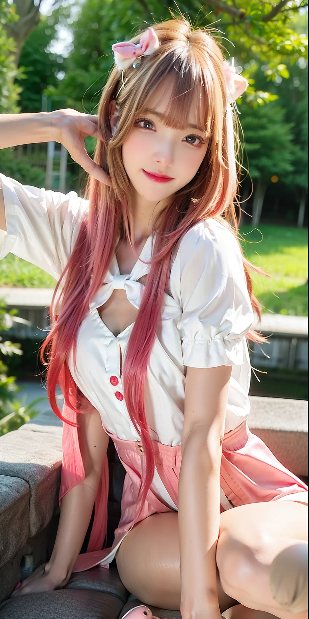(8K, 4K, Best Quality, hight resolution:1.2), (maasterpiece, Realistic, photographrealistic:1.37), 1girl in, Solo, Beautiful face, Eyelashes, Nose, Glossy lips, (Detailed eyes, Looking at Viewer, Fair skin, White skin:1.5), fine complexion, Upper body,
Large breasts, busty, , (:1.5),
outdoor bath,
two side up, absurdly long hair, Blonde hair, Pink hair, Bangs, Hair Ornament, Bow,
Younger, aged down,nsfw